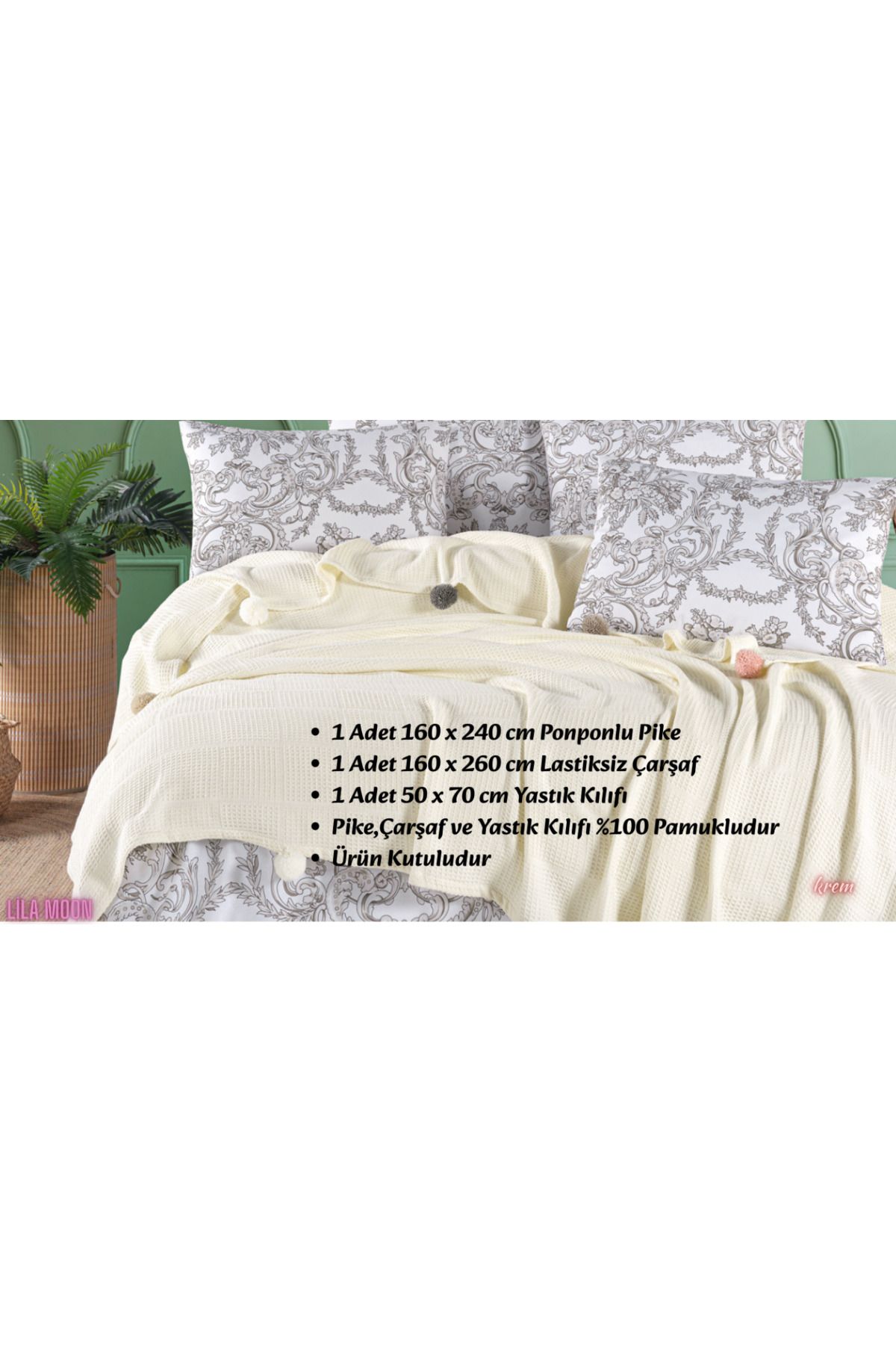 Beğenal-100% Cotton Beğenal Cream Colored Single Pompom Pique Set 3