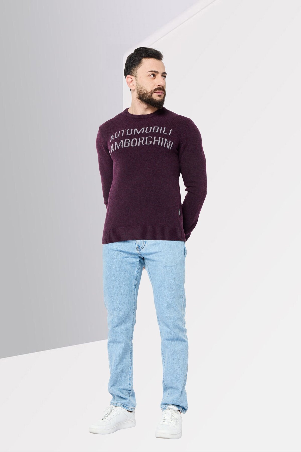Lamborghini-Men Ribbed Collar Knitted Sweater, Plum 2