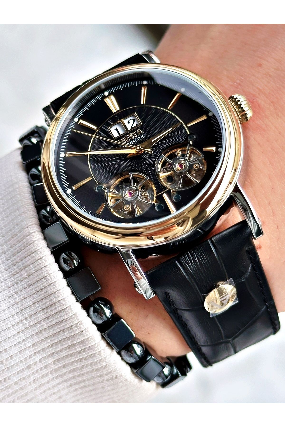 Fiesta-Black Color Double Turbines Leather Band Business Automatic Men Wrist Watch + Bracelet 3