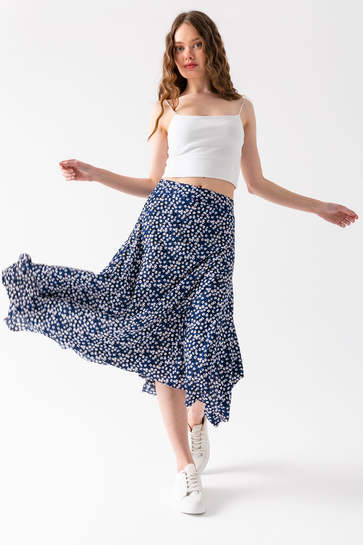 CNRCollection-Fusta asimetrică cu volan, cu tăietură asimetrică, cu model floral, albastru închis pentru femei 3