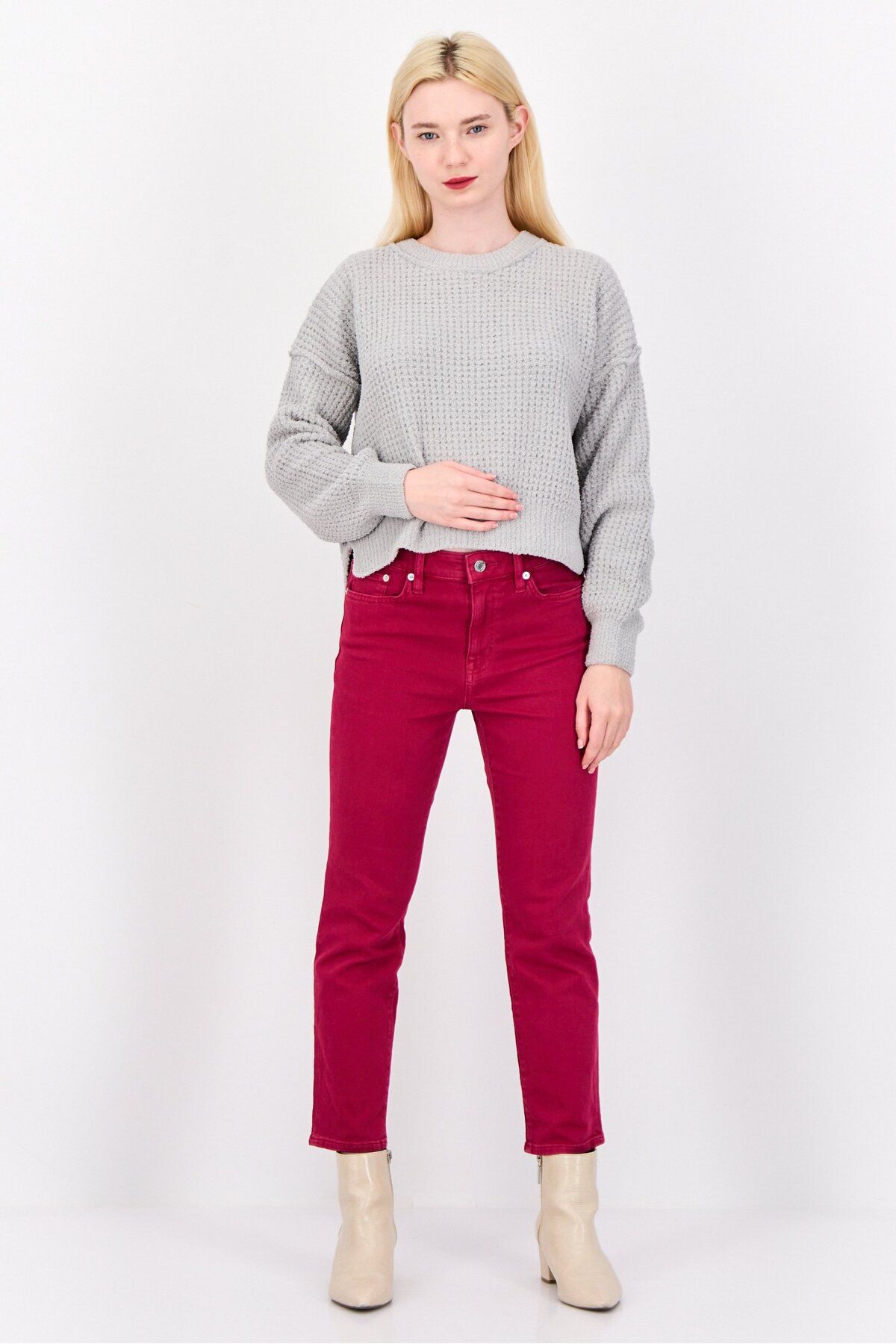 PİNK ROSE-Women Crew Neck Knitted Sweater, Pastel Grey 4