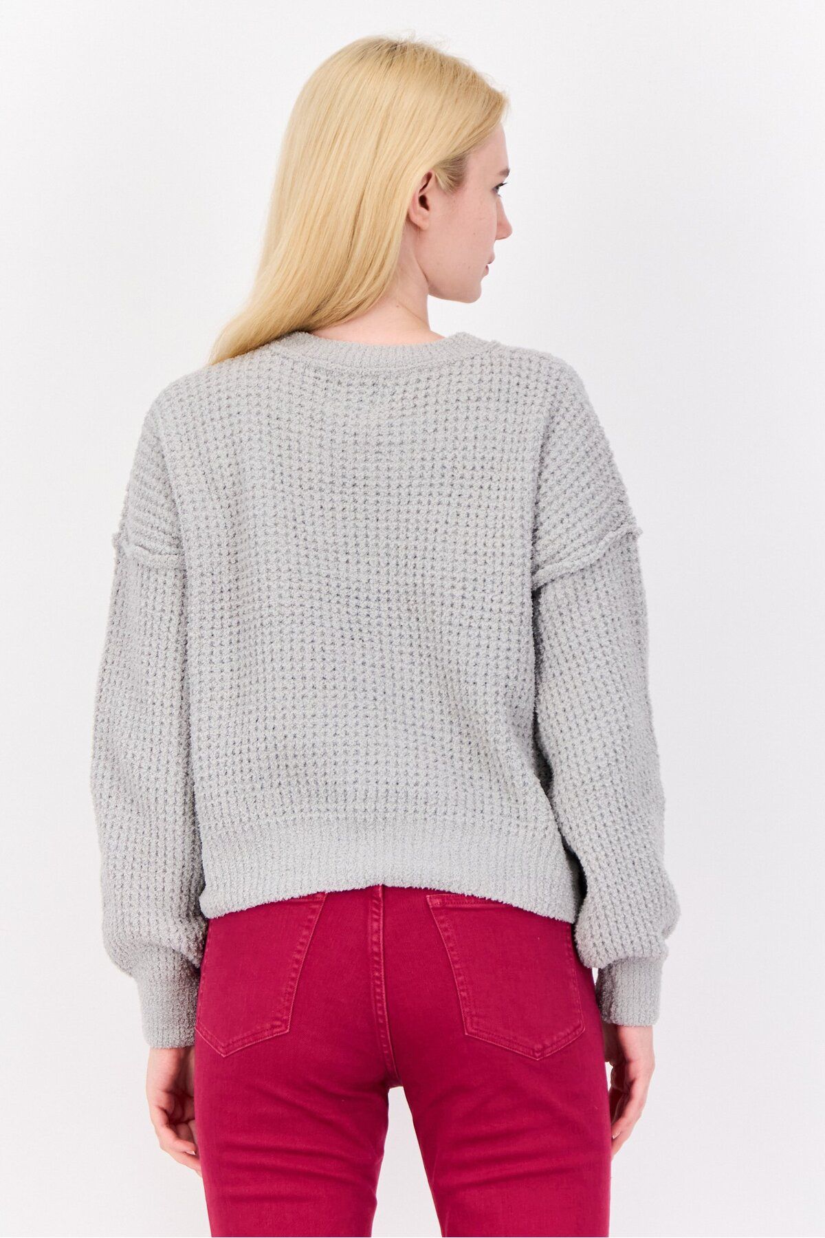 PİNK ROSE-Women Crew Neck Knitted Sweater, Pastel Grey 2