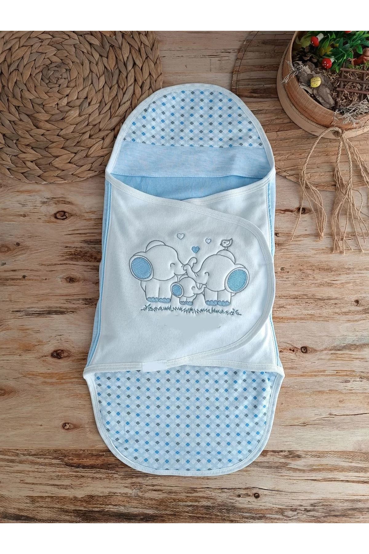 Shop58 Yenidoğan Mutlu Fil Ailesi Nakışlı Çıt Çıt Kapamalı Bebek Kundak Mavi