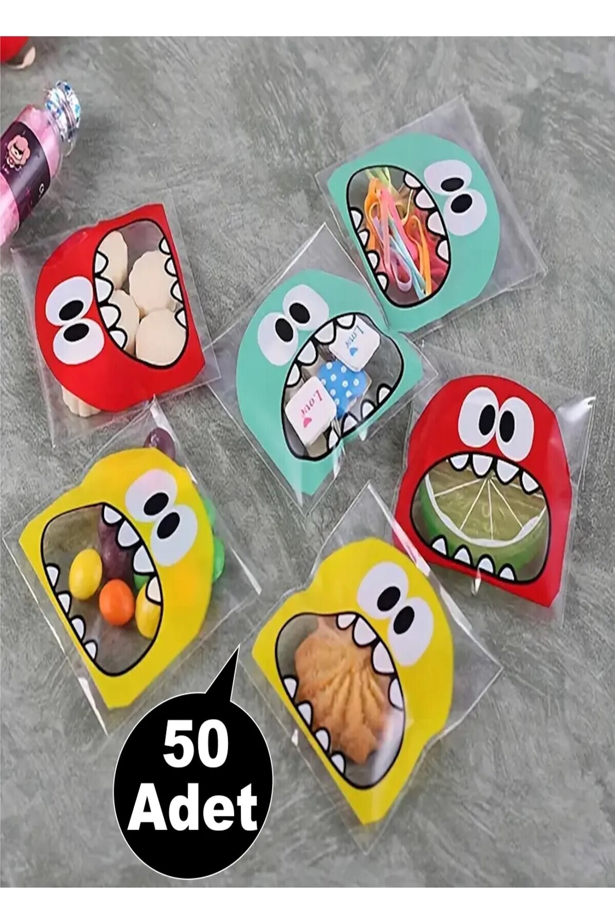 Bundeba Canavar Desenli Bantlı Şeffaf Poşet Hediyelik Kendinden Yapışkanlı Jelatin 10x15cm 50 Adet