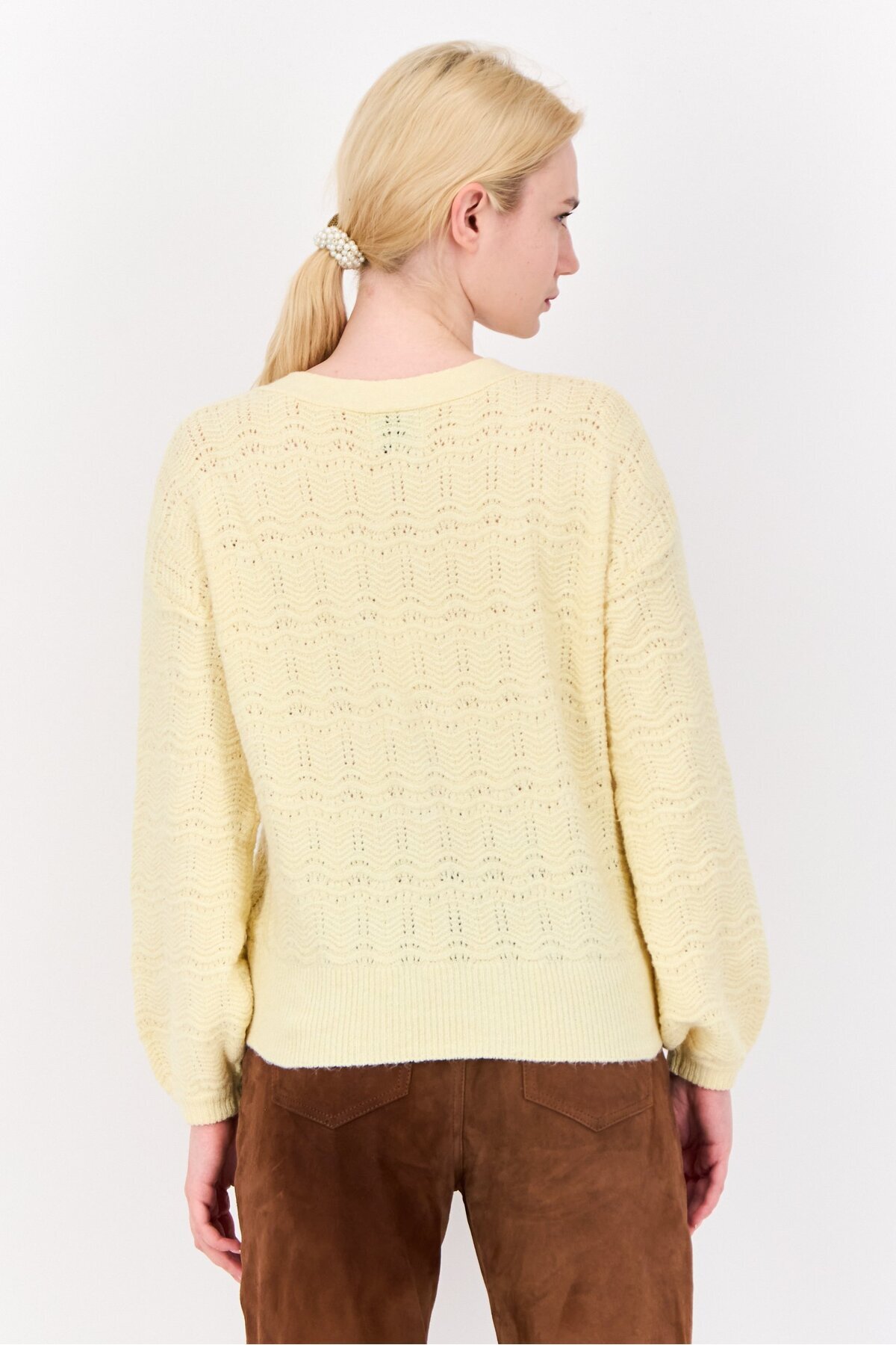 PİNK ROSE-Women V-Neck Knitted Cardigans, Yellow 2