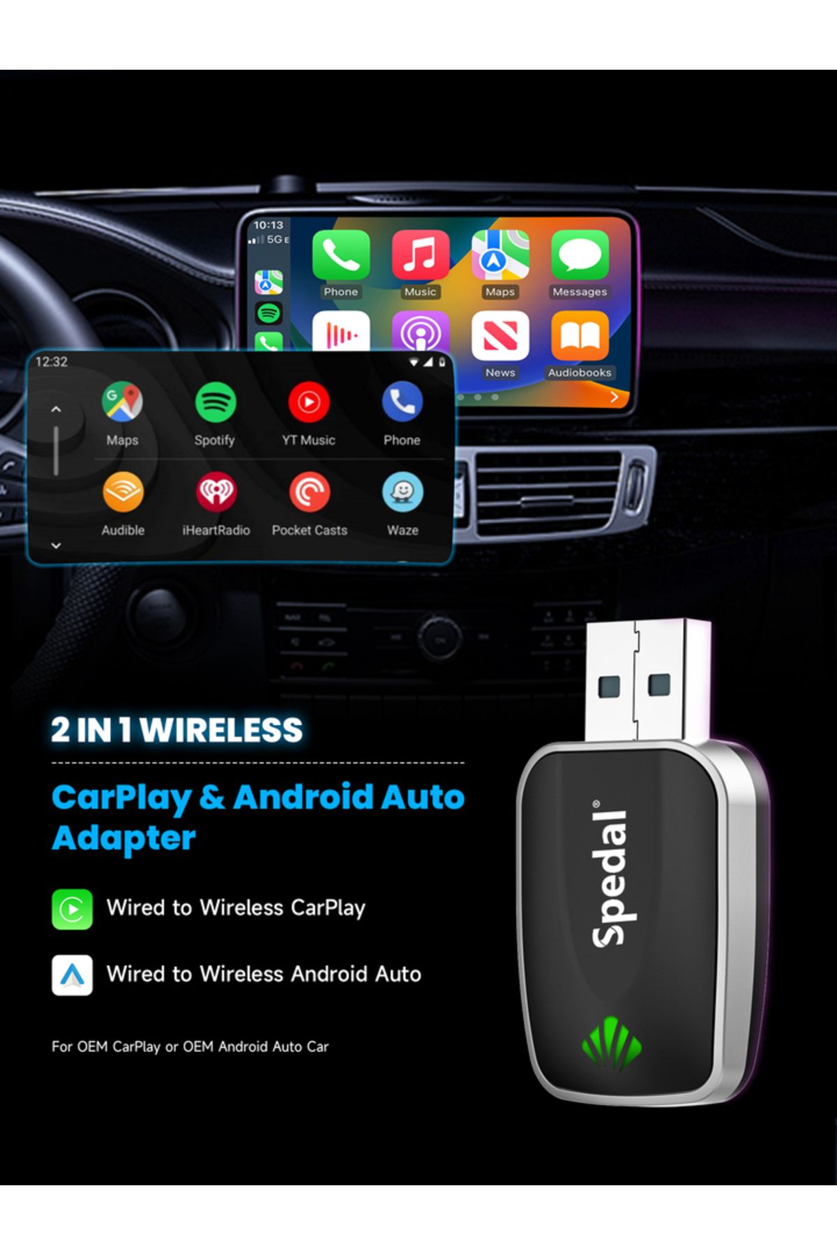 Choice-Spedal 2-in-1 Wired to Wireless CarPlay Adapter & Android Auto Wireless Adapter Plug & Play 7