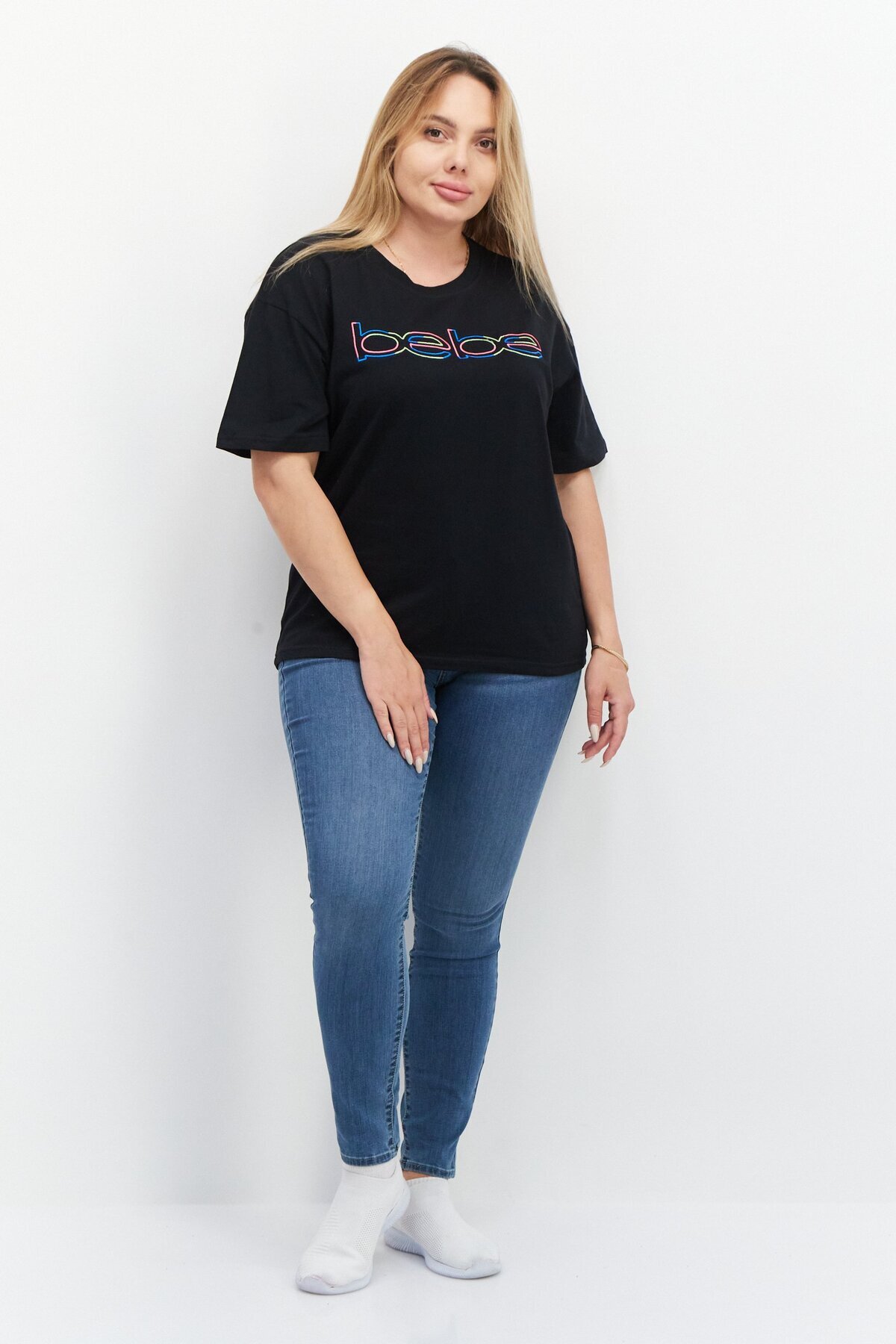 Bebe-Women Round Neck Short Sleeves Embroidered Logo T-shirt, Black Combo 4