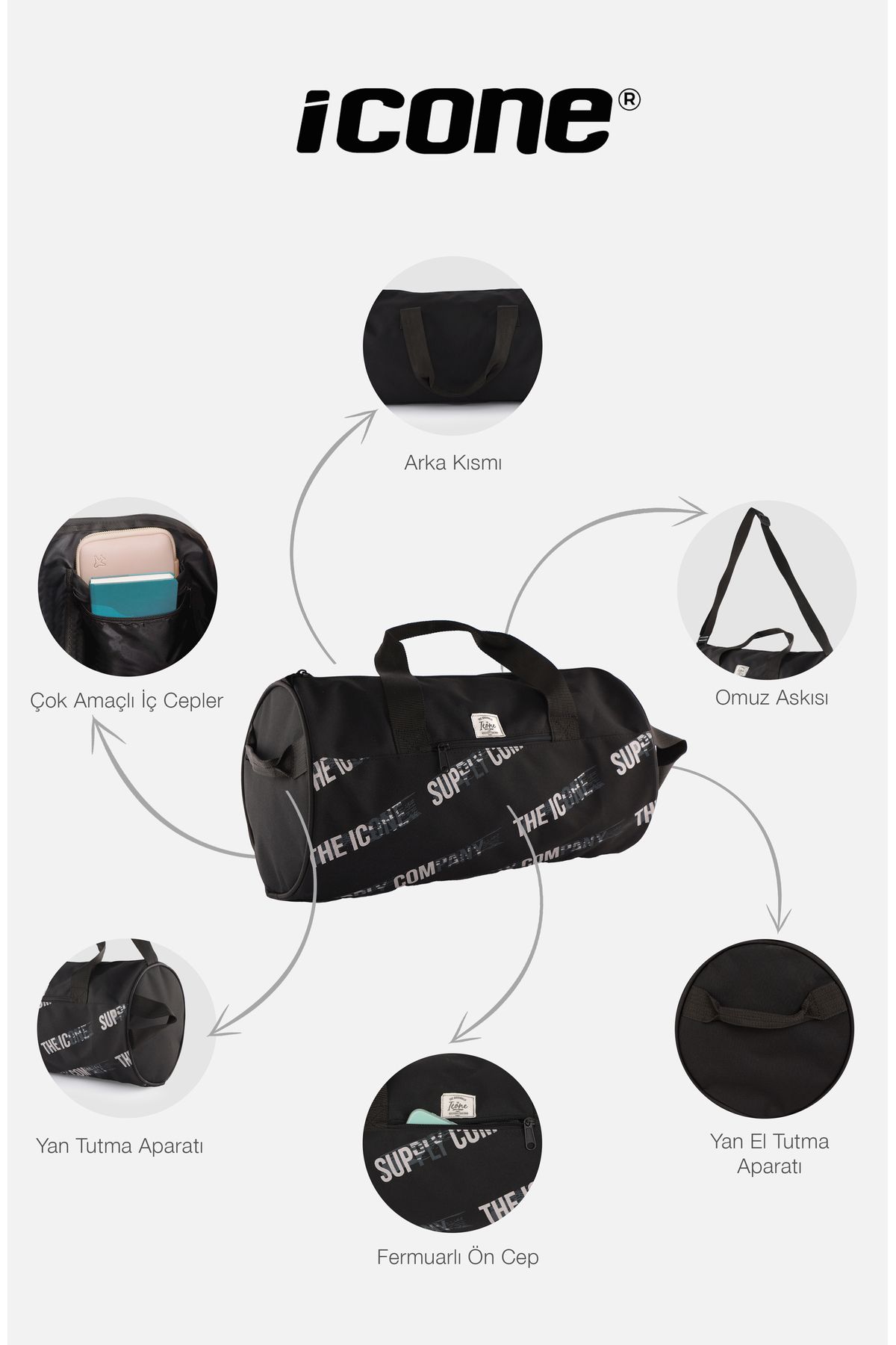 ICONE BAG-حقيبة رياضية للجنسين - موديل اسطواني، مطبوعة، جيب، مقبض وحزام قابل للتعديل 2