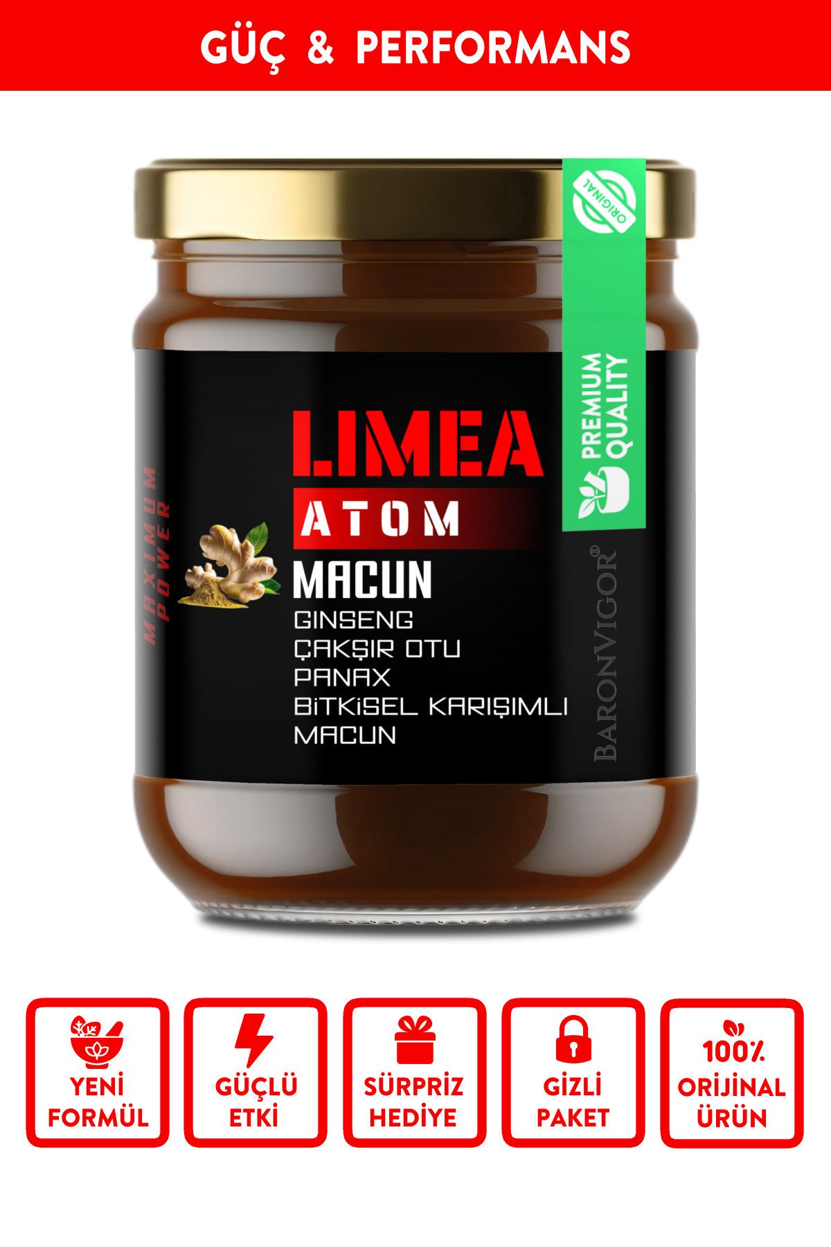 BaronVigor Tribulus Zingiber Kore Ginsengli Kuvvet Atom Bitkisel Karışım Macunu Limea 240 gr