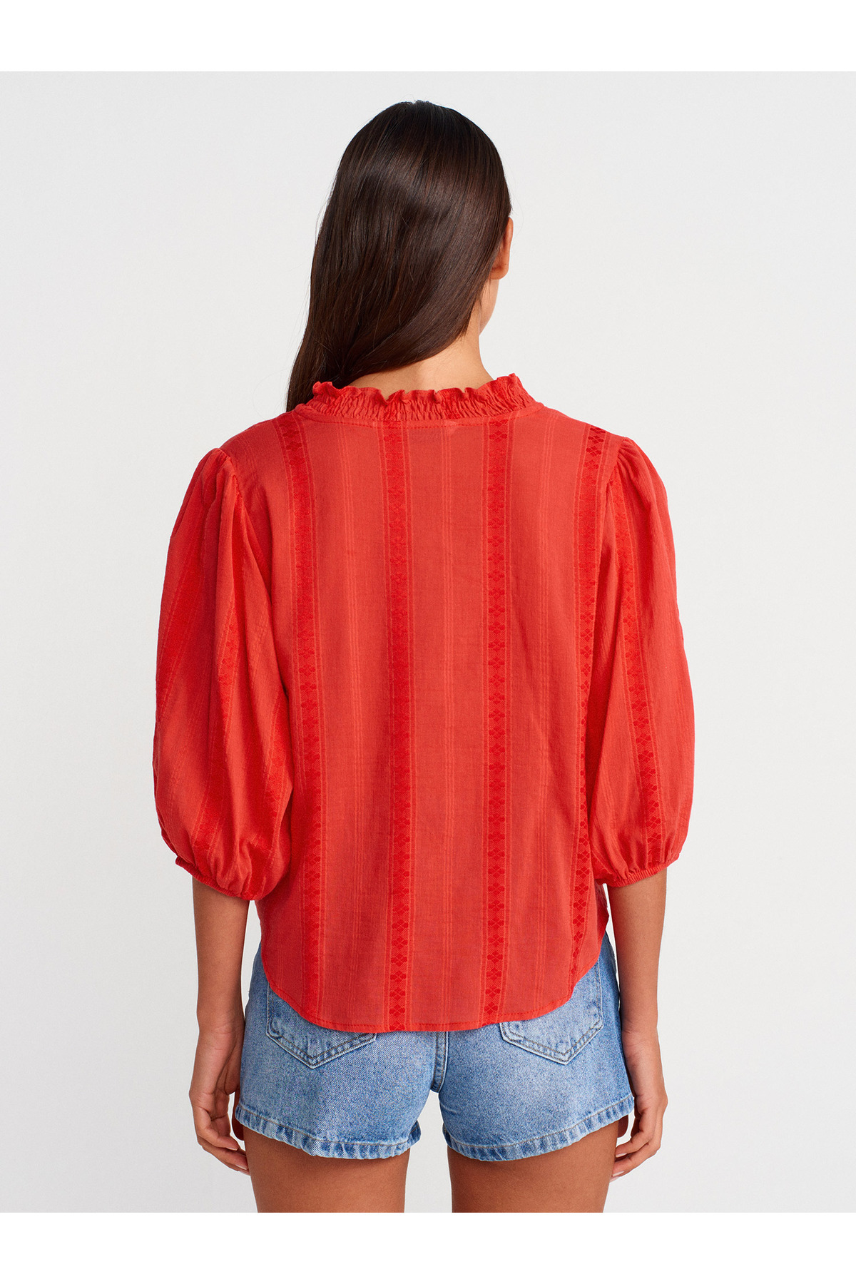 Dilvin  5807 Nervür Detaylı Balon Kol Gömlek-A.Kırmızı - Görsel 2