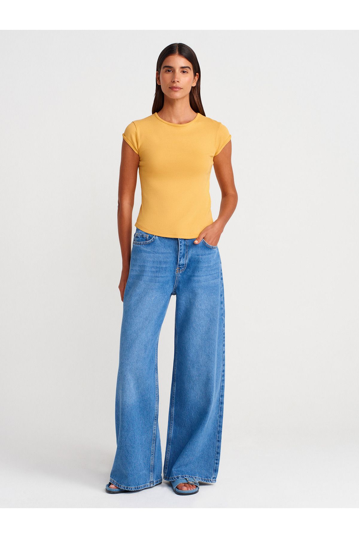 Dilvin 71980 Dökümlü Geniş Denim Pantolon-Mavi
