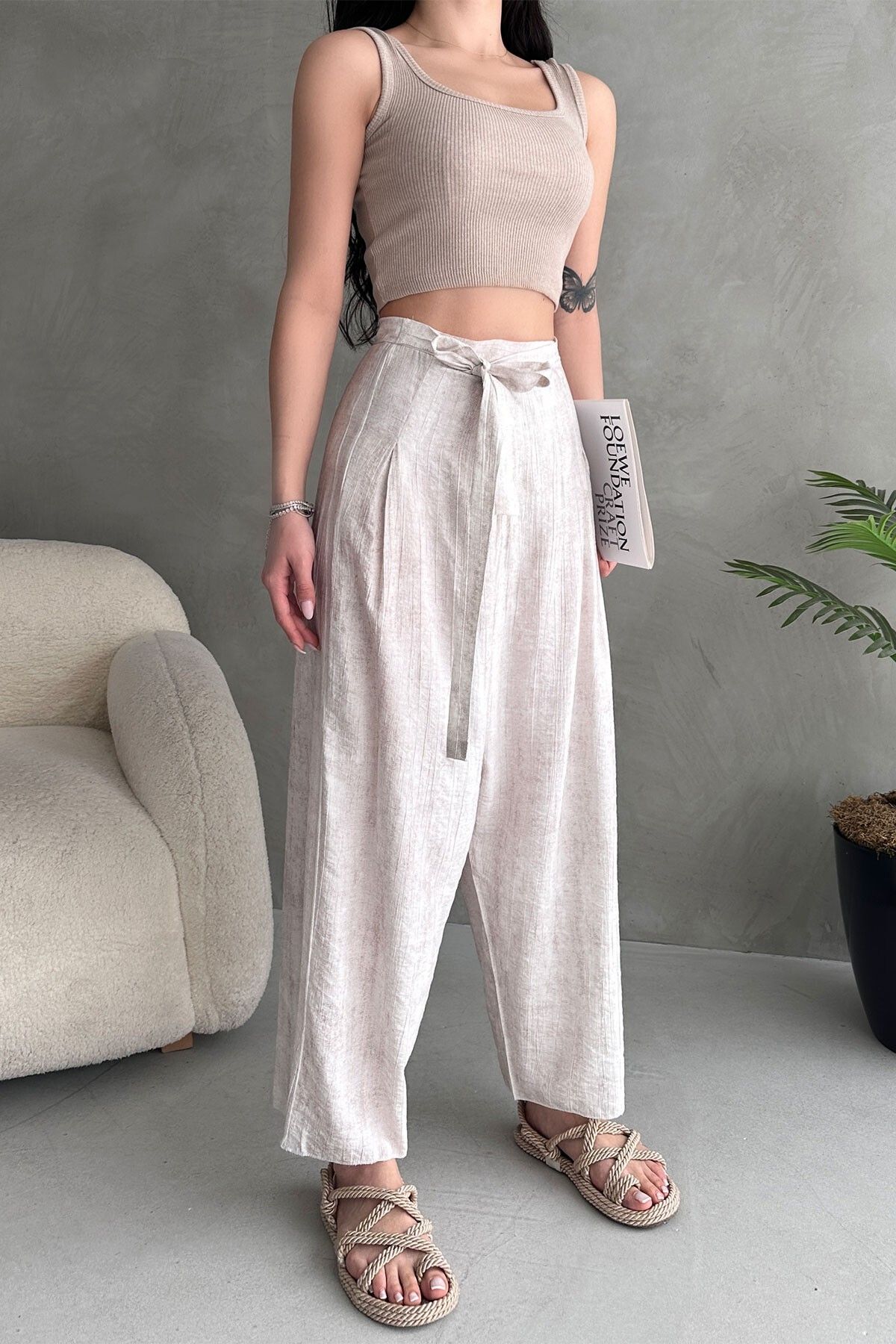 Pink Stil Anvelop Kesim Salaş Keten Dokuma Pantolon