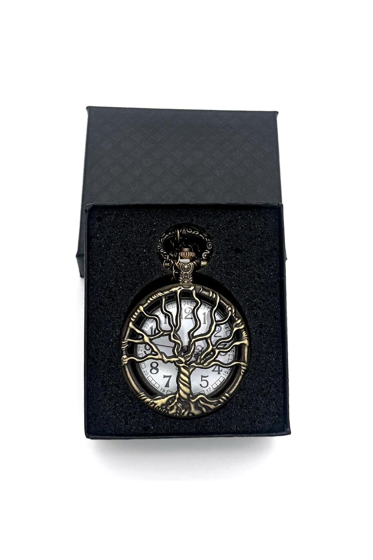 valkyrie-Vintage Life Tree Motif Retro Boxed Chain Clock - Pocket Clock 3