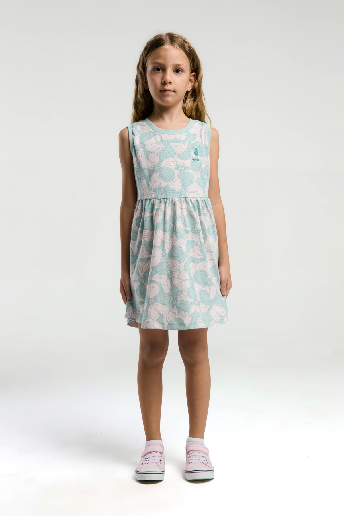 U.S. Polo Assn.-Girl's Floral Patterned Single Jersey Fabric 100% Cotton Sleeveless Dress 4