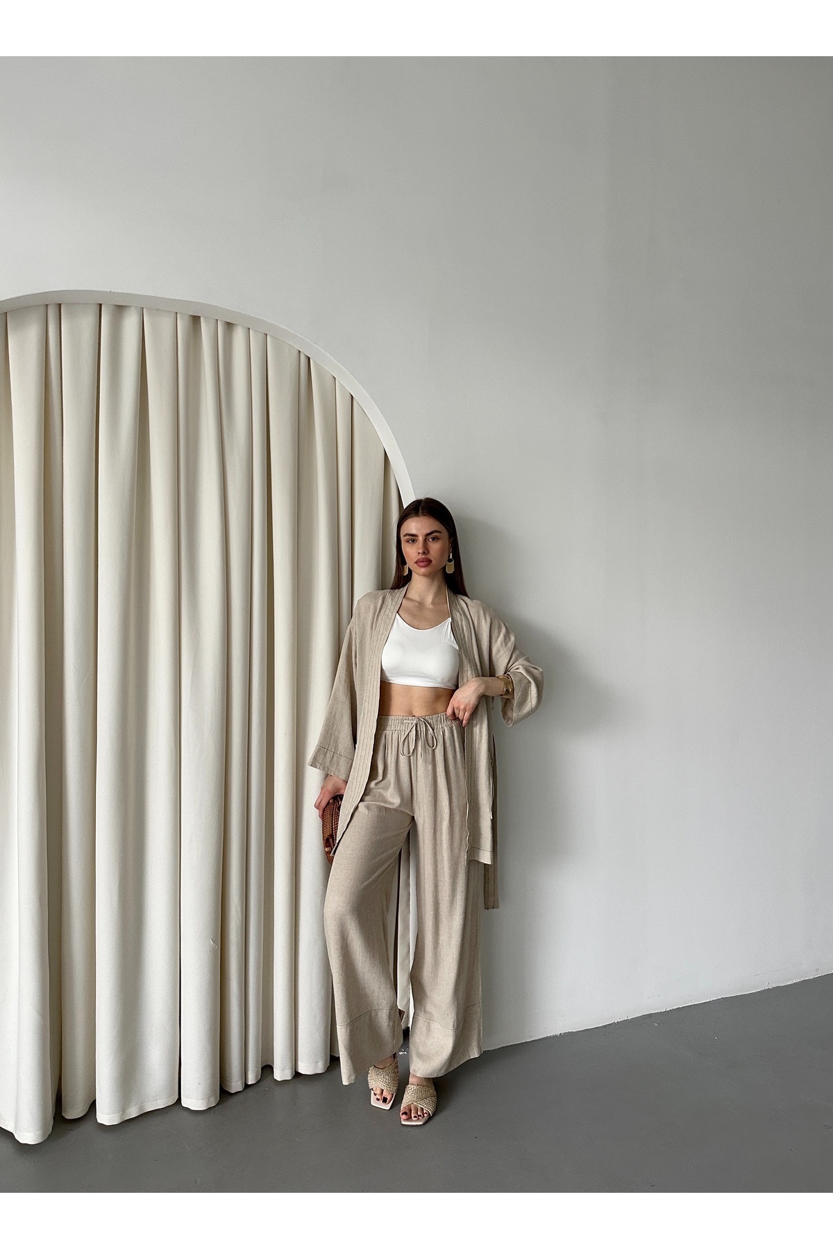 Laluvia-Set kimono cu curea cu buzunar natural - 8491 2