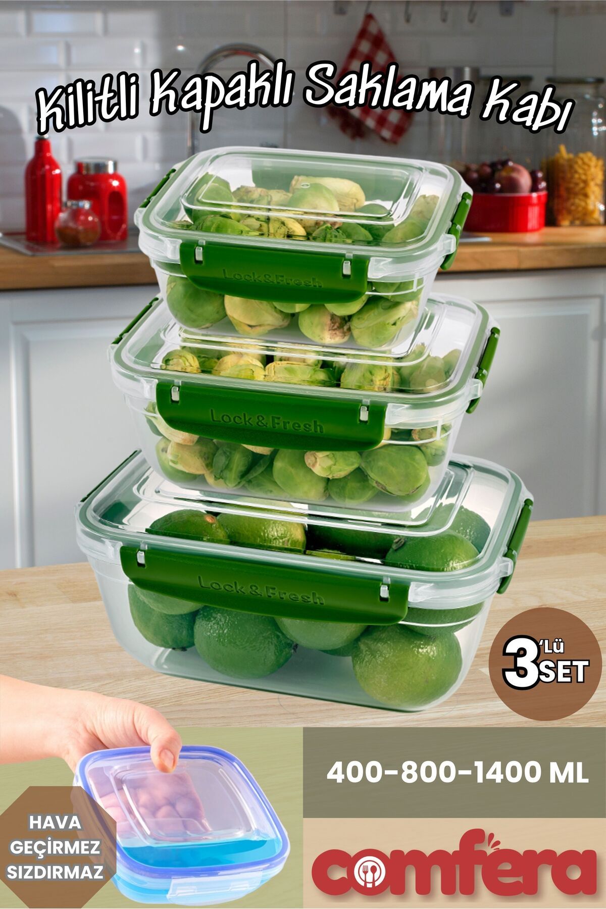 BAGER MARKET-Leak Proof Rectangular Storage Container Erzak Dowry Set 3-4-1400ml 1