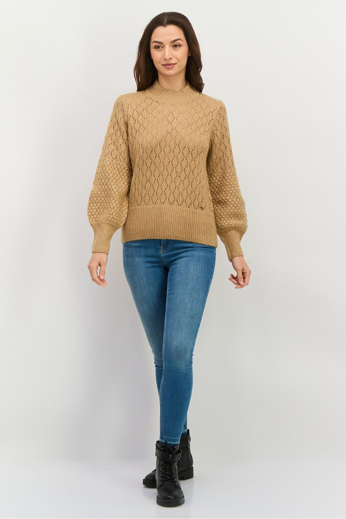 Pepe Jeans-Women Round Neck Long Sleeve Crochet Sweater, Brown 4