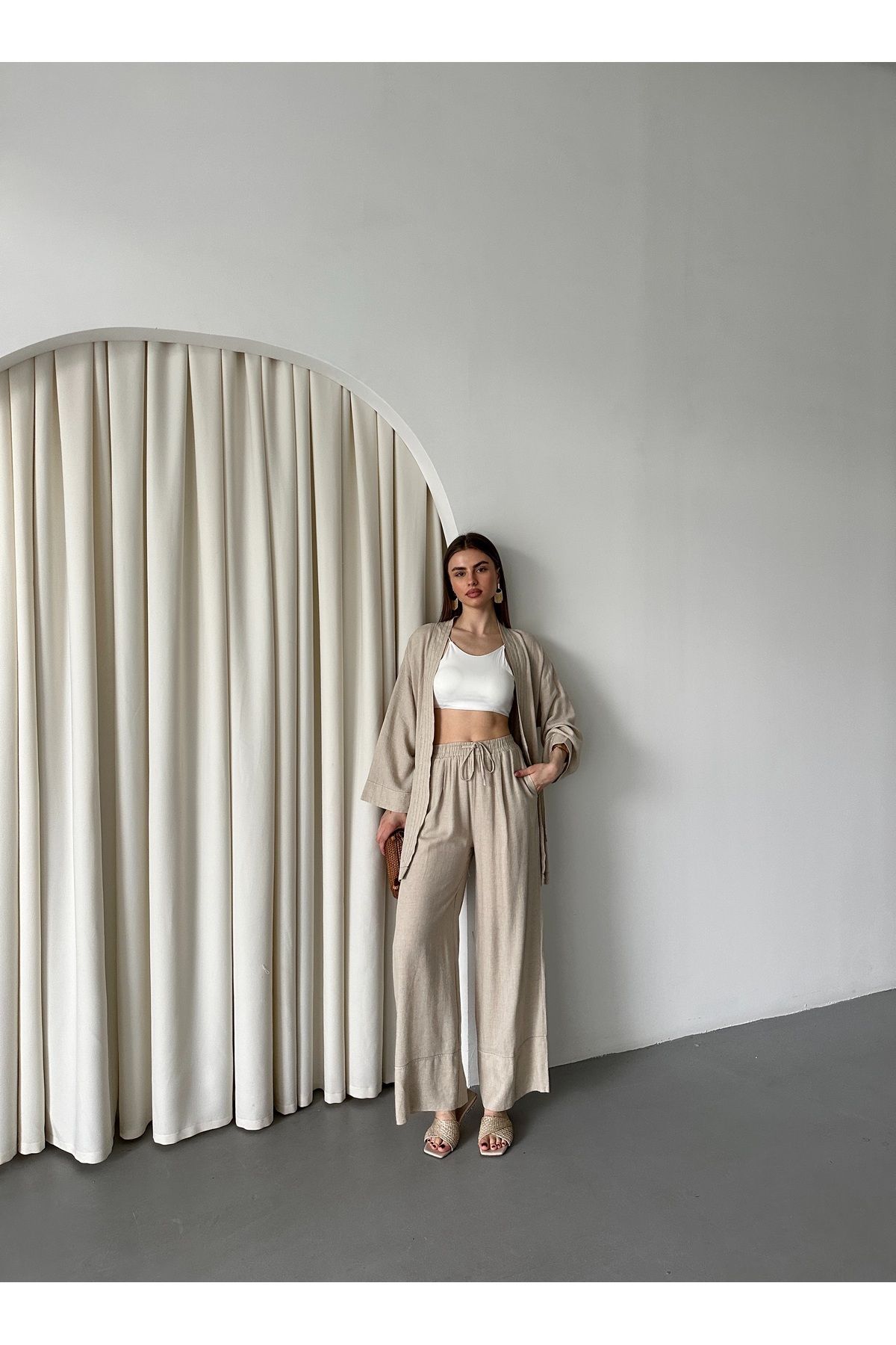 Laluvia-Set kimono cu curea cu buzunar natural - 8491 3