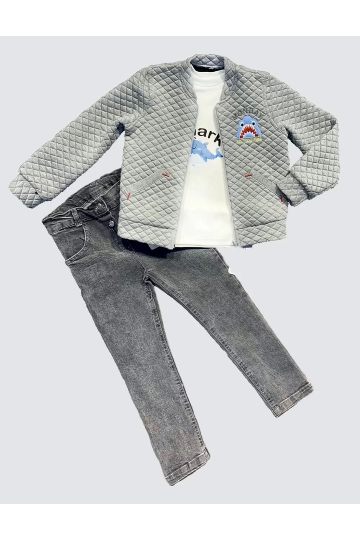 Beruflic 4-5-6 Yaş Kot Pantolonlu Pilot Mont Uzun Kollu Penye Sweat 3lü Erkek Çocuk Takımı Gri
