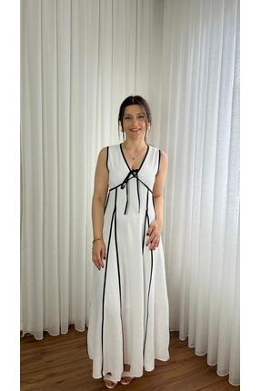 Hazal Ekru Şeritli Elbise