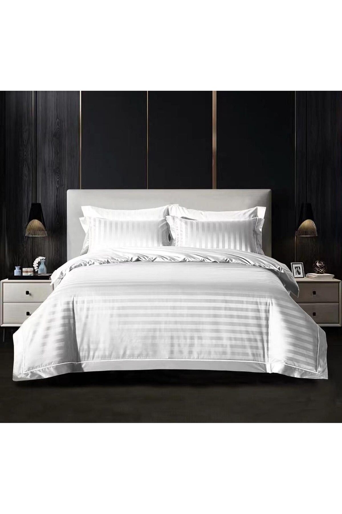 OEM-Double Bed Linen Set, Damask, 6 Pieces, Plain, 230x250 cm, White 1