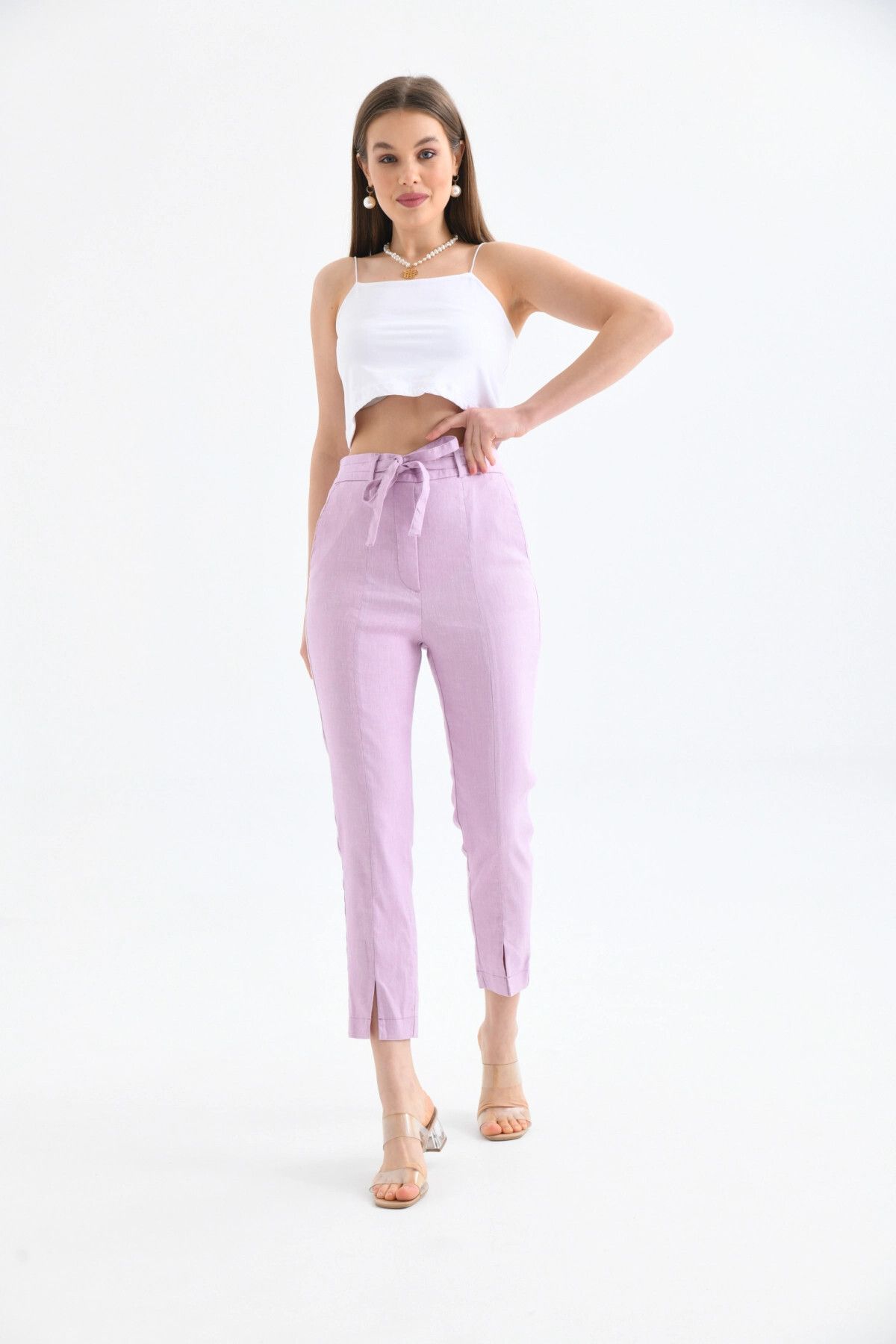 Park Karon-Women's Linen Trousers - Waist Lace-Up and Leg Detail 4