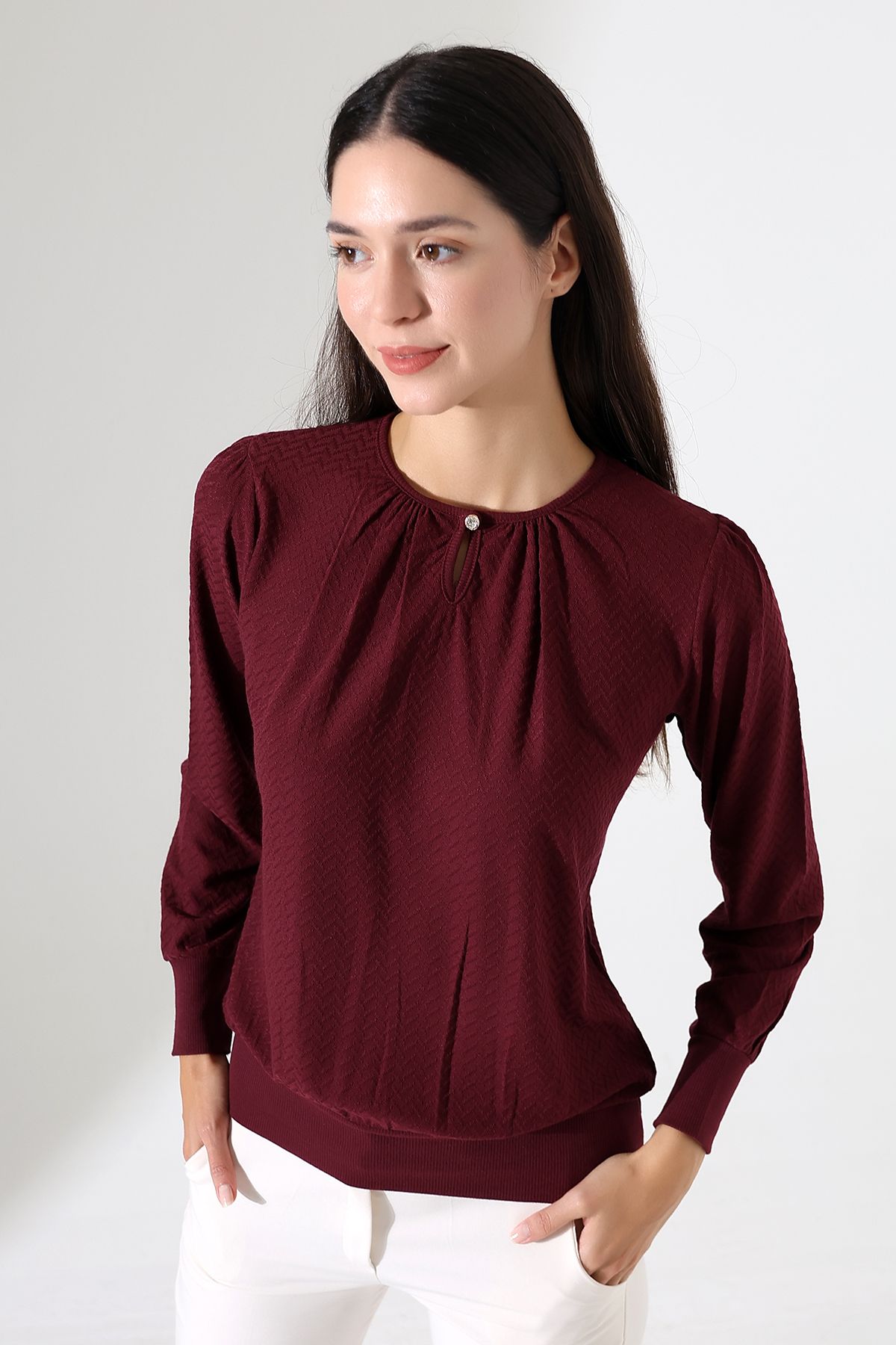 Şiir-Harare Burgundy Jacquard - Ελαστική χτενισμένη βαμβακερή λαιμόκοψη και μακρυμάνικη μπλούζα με κορδόνι για γυναίκες & μπλούζα Hijab 5