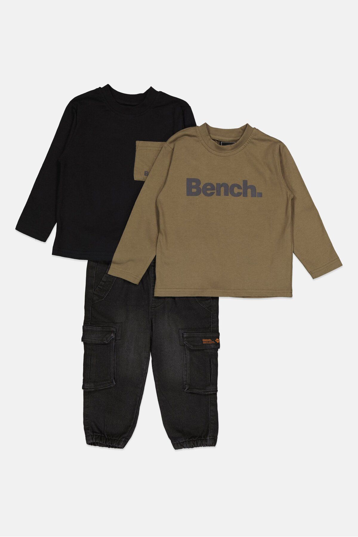 BENCH-Toddlers Boy 3 Piece Long Sleeve Brand Logo Top And Bottom Set, Olive 2