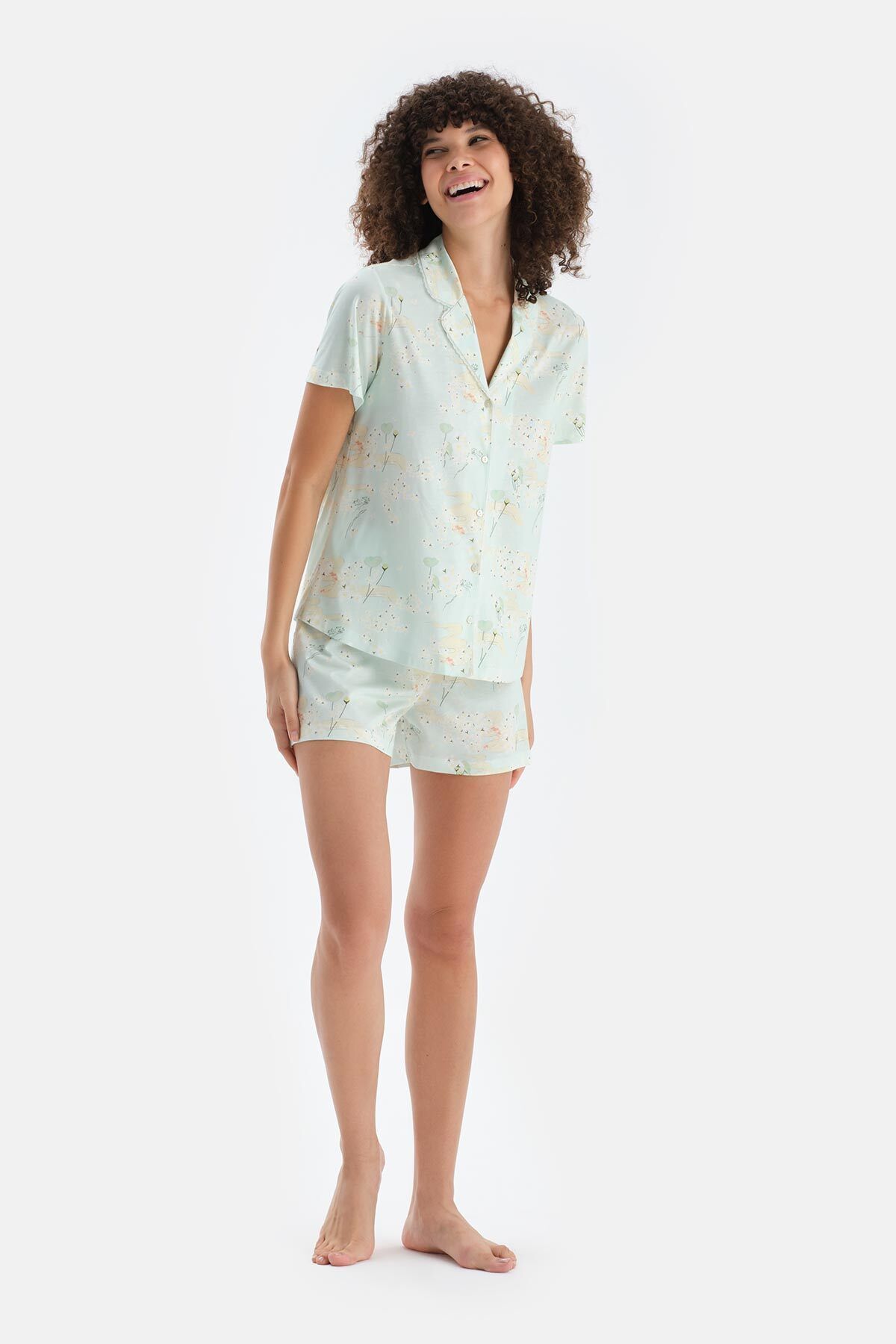 Dagi Açık Yeşil Çiçek Baskılı Penye Modal Gömlek Şort Pijama Takımı