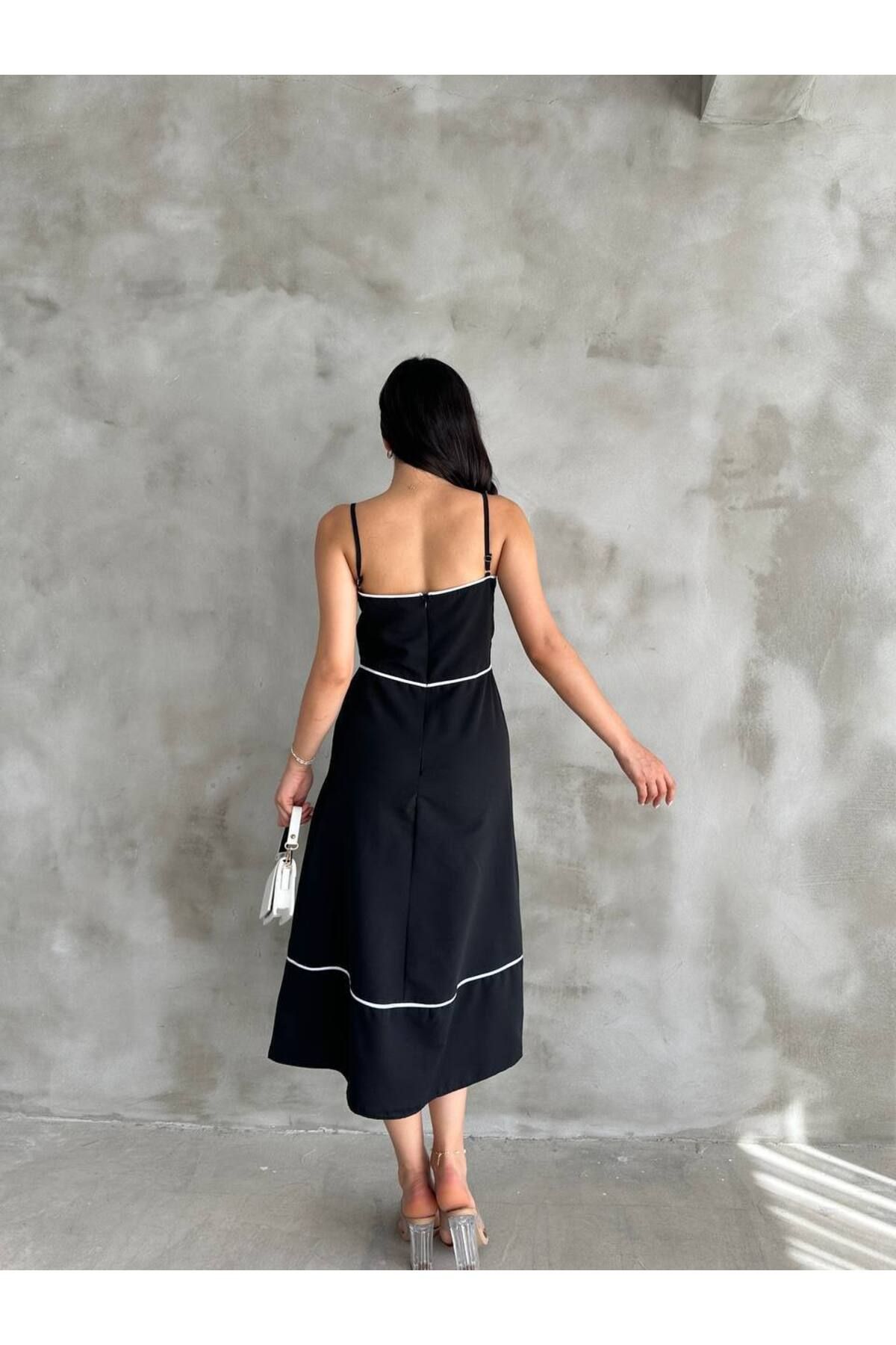 LE CARAMBOLE-Women's Black Waist Lace Detailed Strappy Summer Dress 4