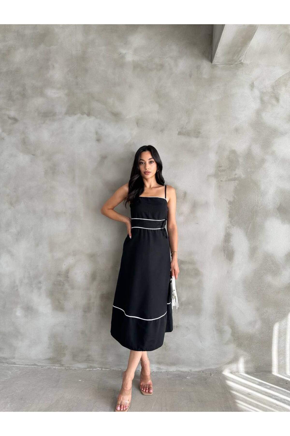 LE CARAMBOLE-Women's Black Waist Lace Detailed Strappy Summer Dress 3