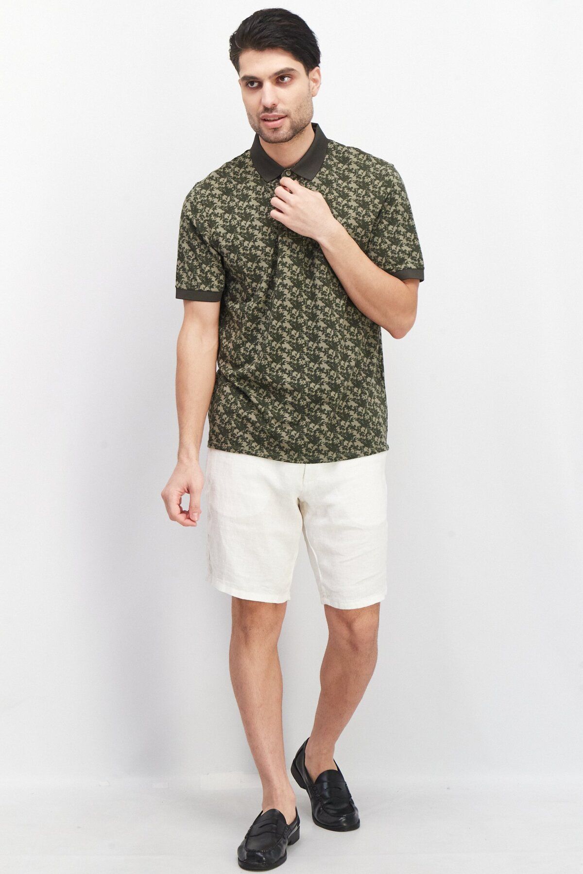 Kenneth Cole-Men Regular Fit Short Sleeve Floral Print Polo Shirt, Green 2