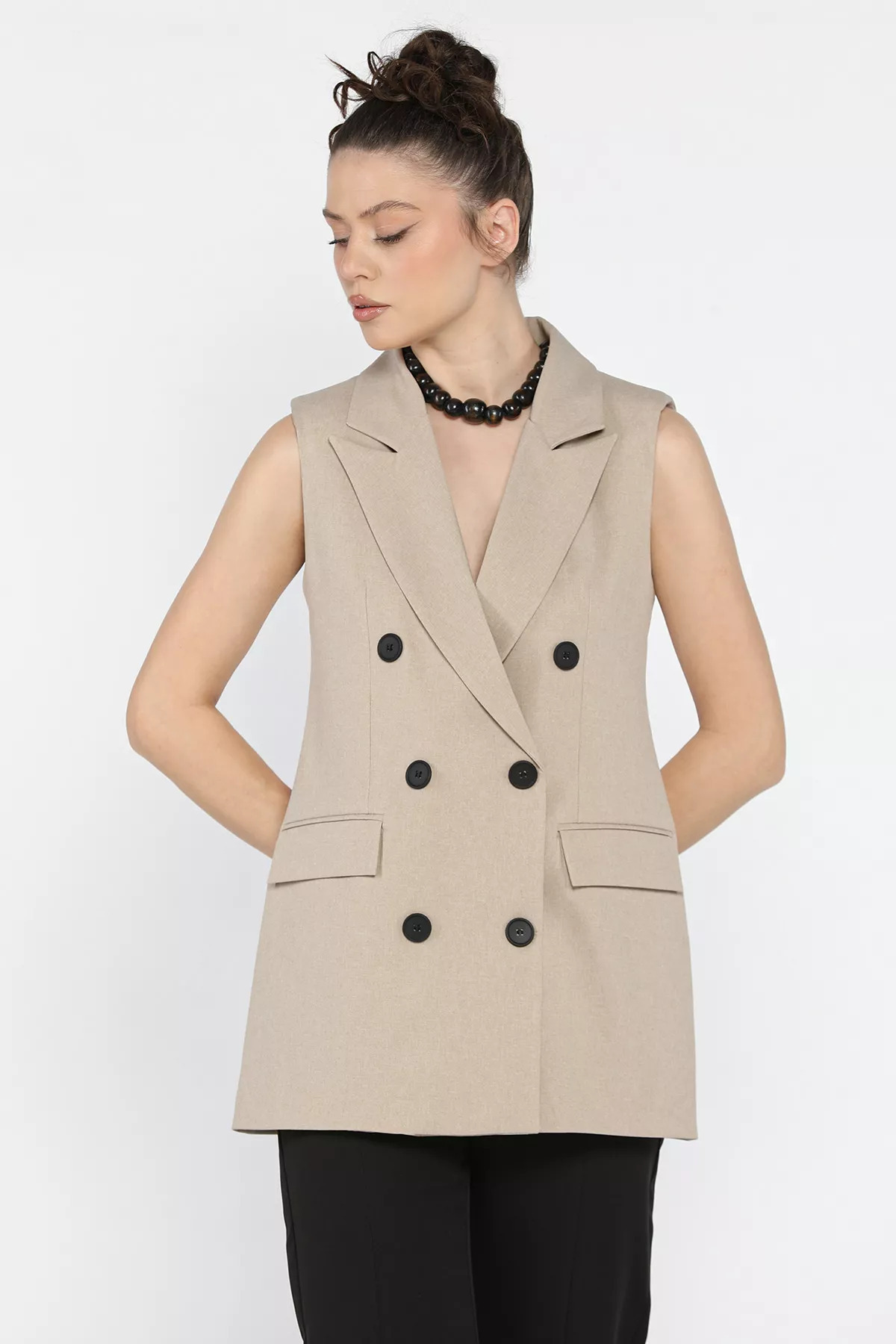 GÜLSELİ-Stone Women's Double Breasted Collar Lined Vest 2