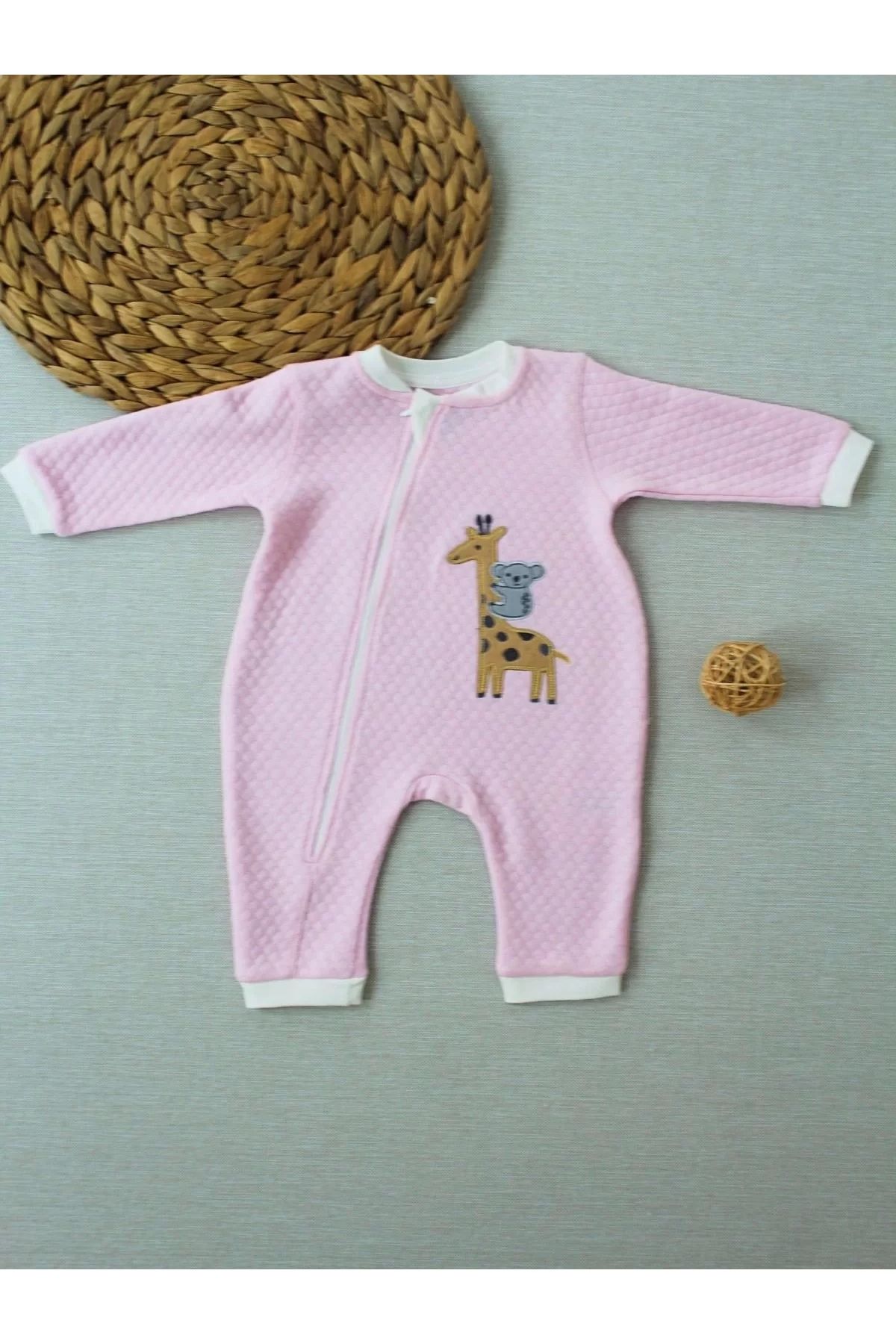 Beruflic 6-9 12-18 18-24 24-36 Ay Animal Nakışlı Bal Peteği Kumaş Es Fermuarlı Kız Bebek Tulumu Pembe