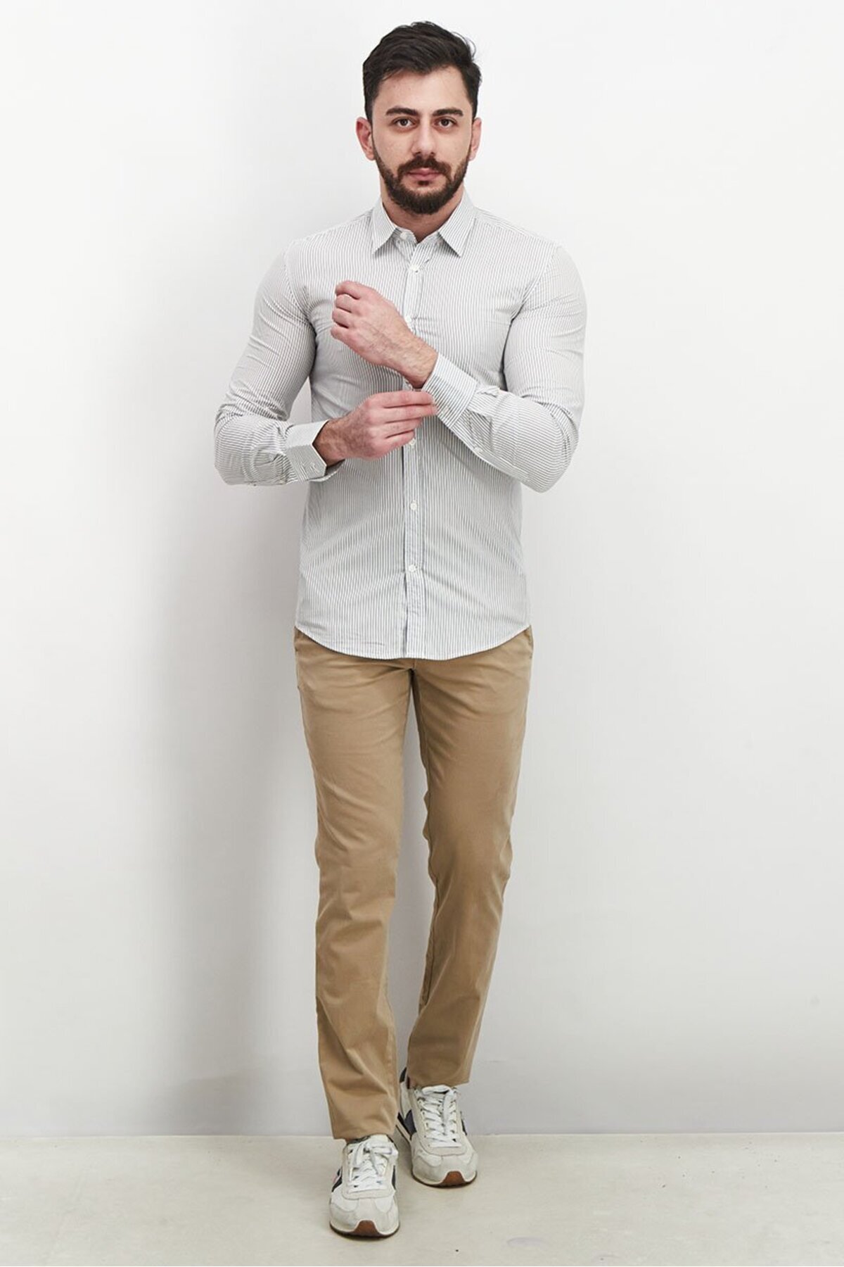 Antony Morato-Men Slim Fit Stripe Long Sleeve Casual Shirt, White and Black 4