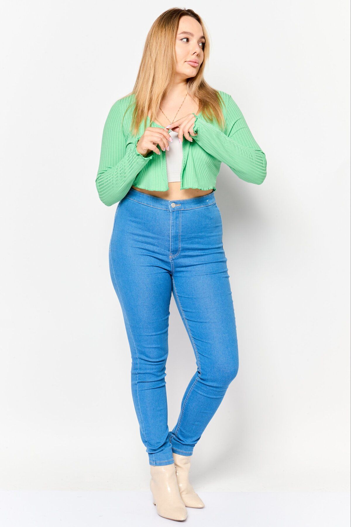 New Look-Women Scoop Neck Ribbed Cardigan, Green 2