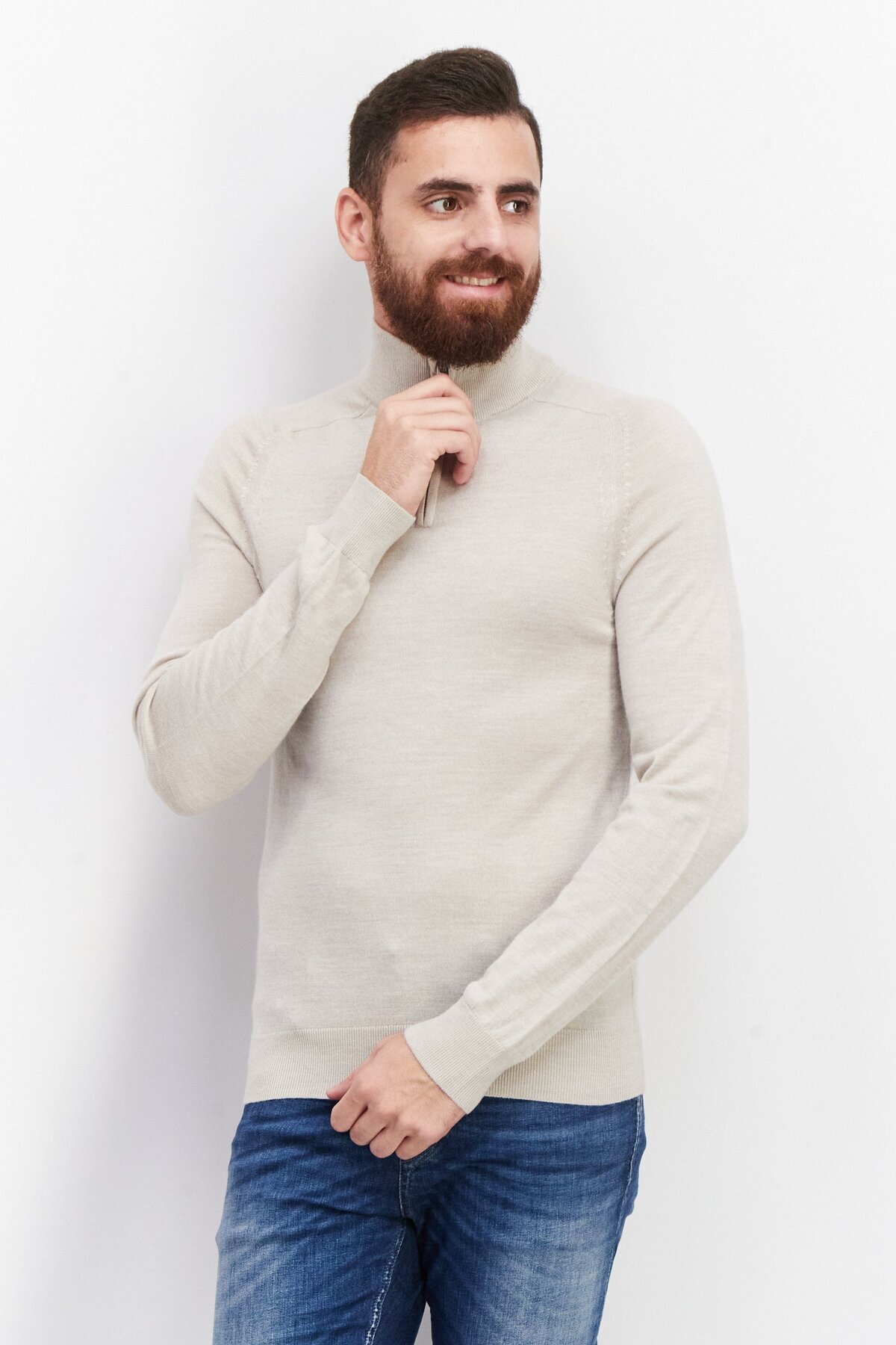 CELIO-Men High Neck Long Sleeve Plain Sweaters, Beige 1