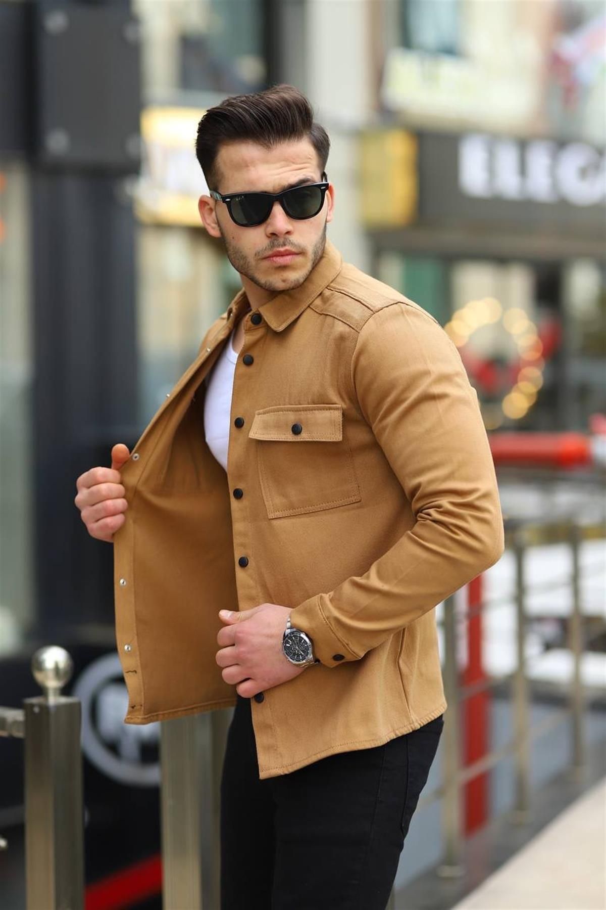 Pobudo-Camel Color Double Pocket Snap Denim Shirt 3