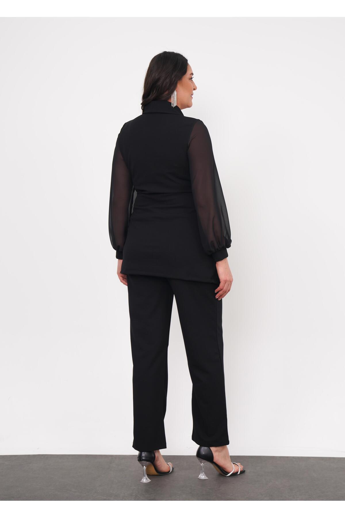 Butik Nilyam  Kadın Büyük Beden Kruvaze Yaka Şifon Kol Bel Düğme Detaylı Bluz Pantolon Esnek Abiye Takım 24717 - Görsel 9