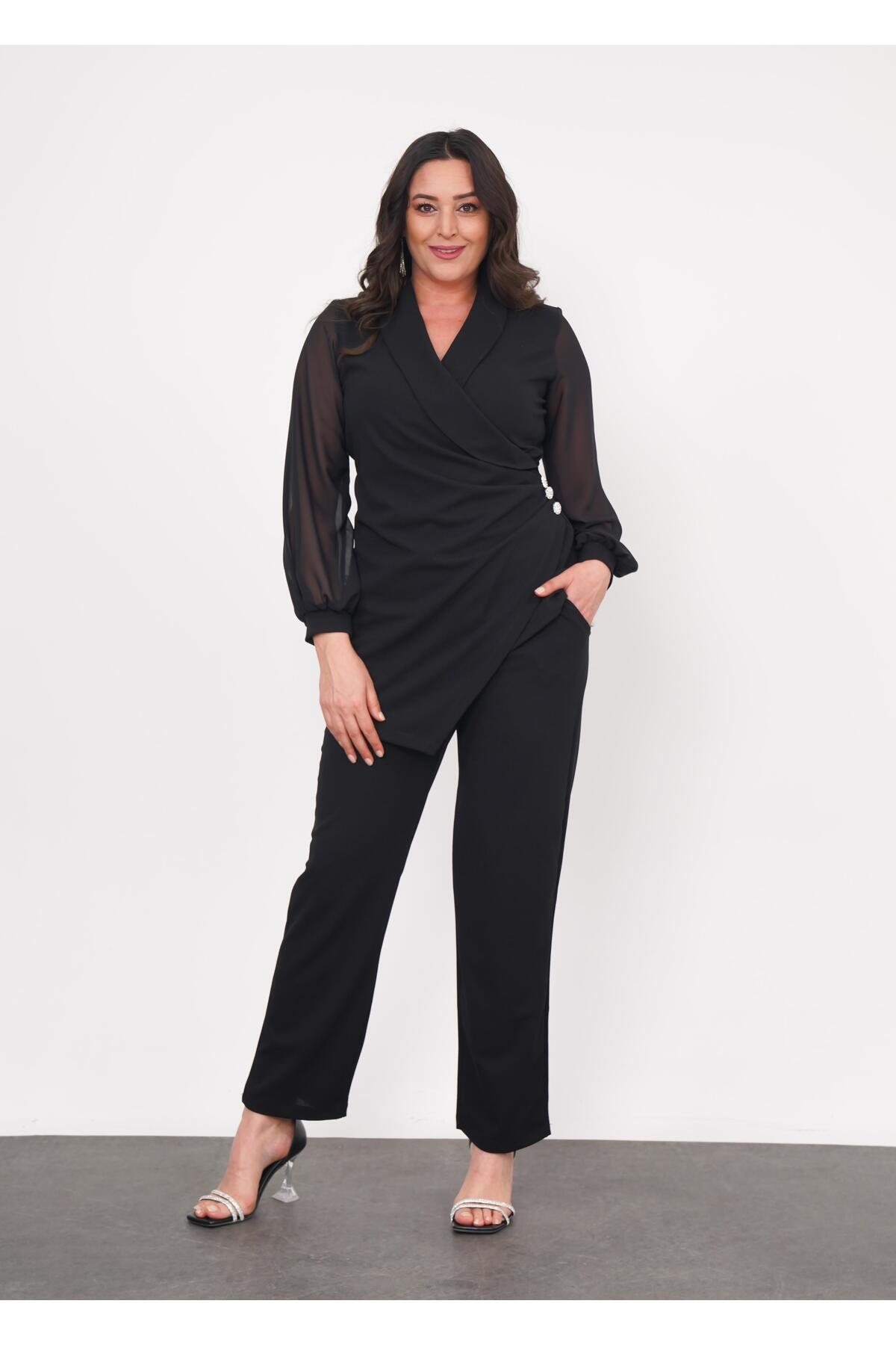 Butik Nilyam  Kadın Büyük Beden Kruvaze Yaka Şifon Kol Bel Düğme Detaylı Bluz Pantolon Esnek Abiye Takım 24717 - Görsel 8