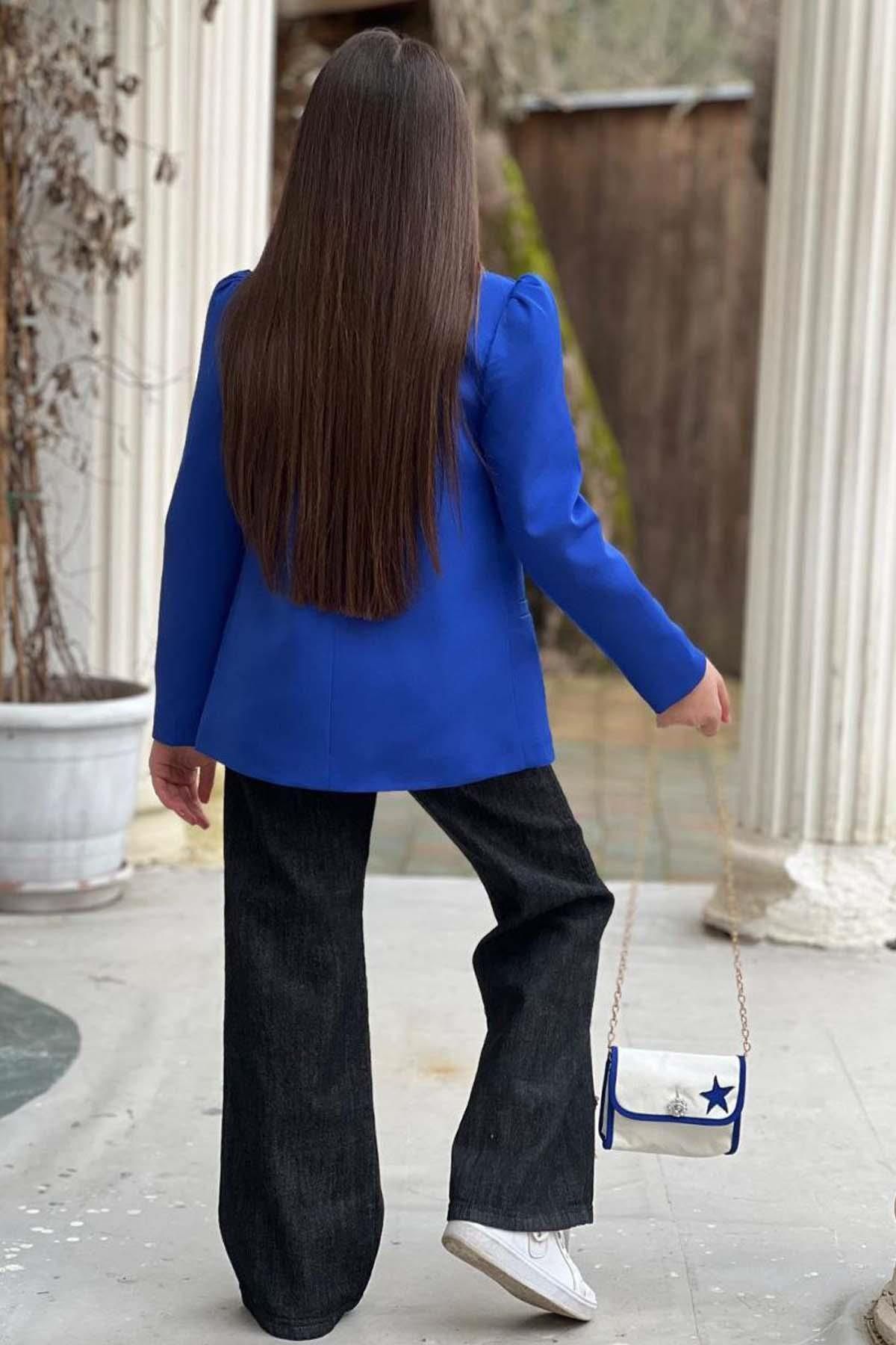 Riccotarz-Tricou imprimat pentru fete, cu croiala larga, pantaloni din denim cu detaliu stea, jacheta albastra, costum de sus 2