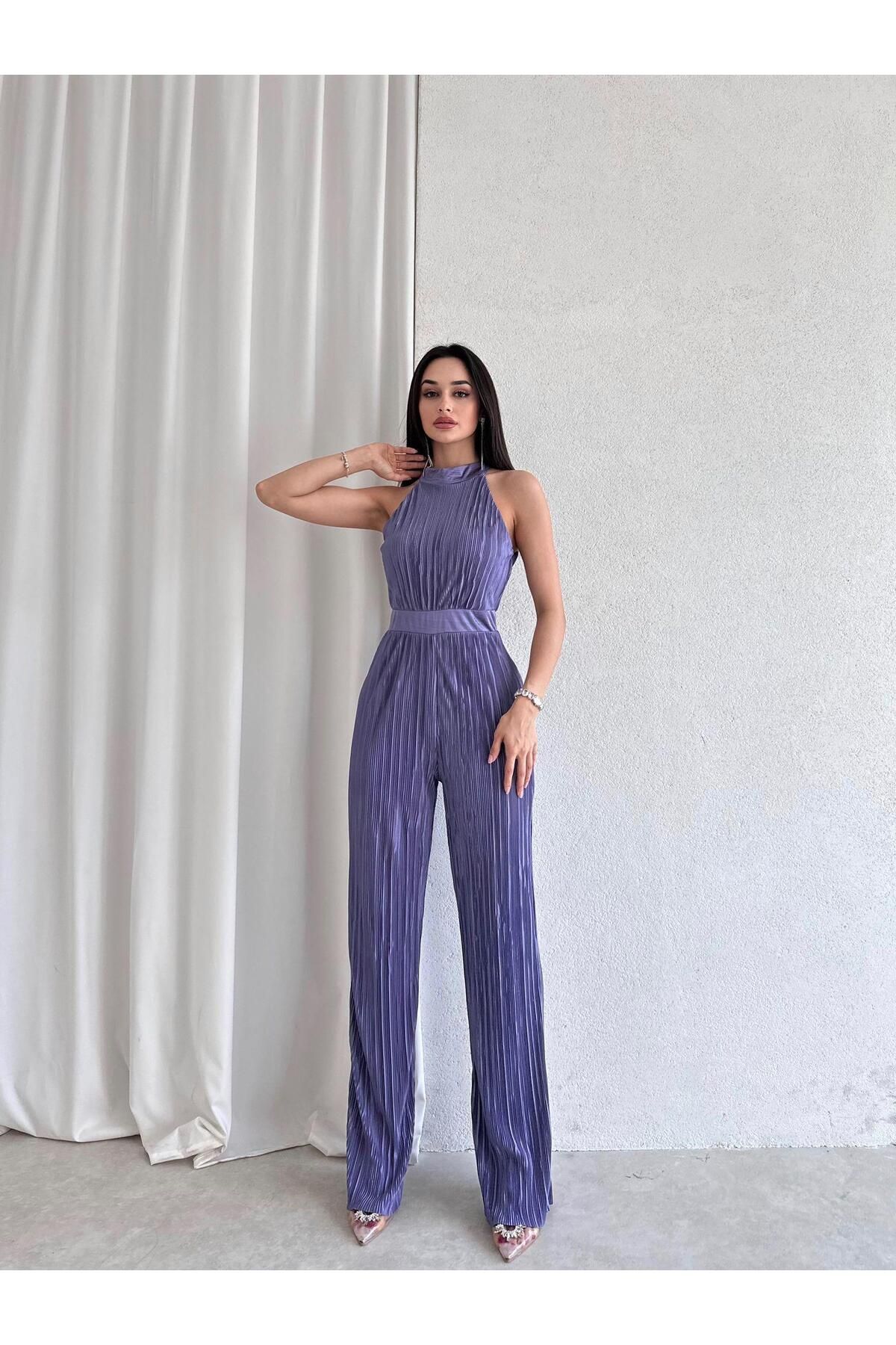 Misscix-Ribbed Sleeveless Halter Neck Purple Women's Evening Dress Jumpsuit 2