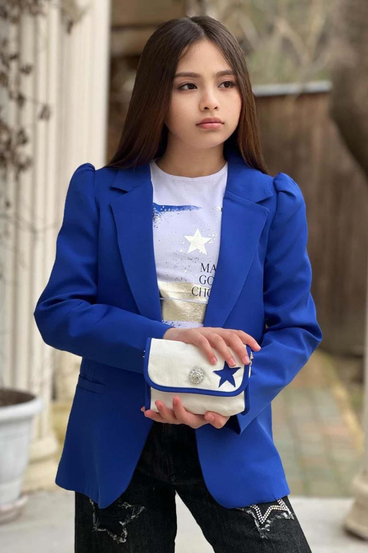 Riccotarz-Tricou imprimat pentru fete, cu croiala larga, pantaloni din denim cu detaliu stea, jacheta albastra, costum de sus 3