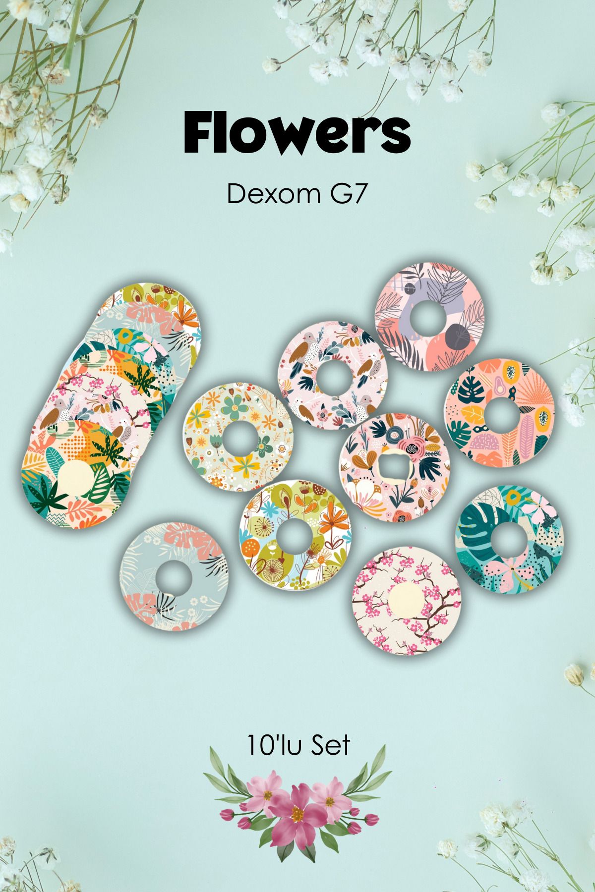 StickIT Dexcom G7 Sensör Koruyucu Bant Flowers Serisi 10'lu Paket