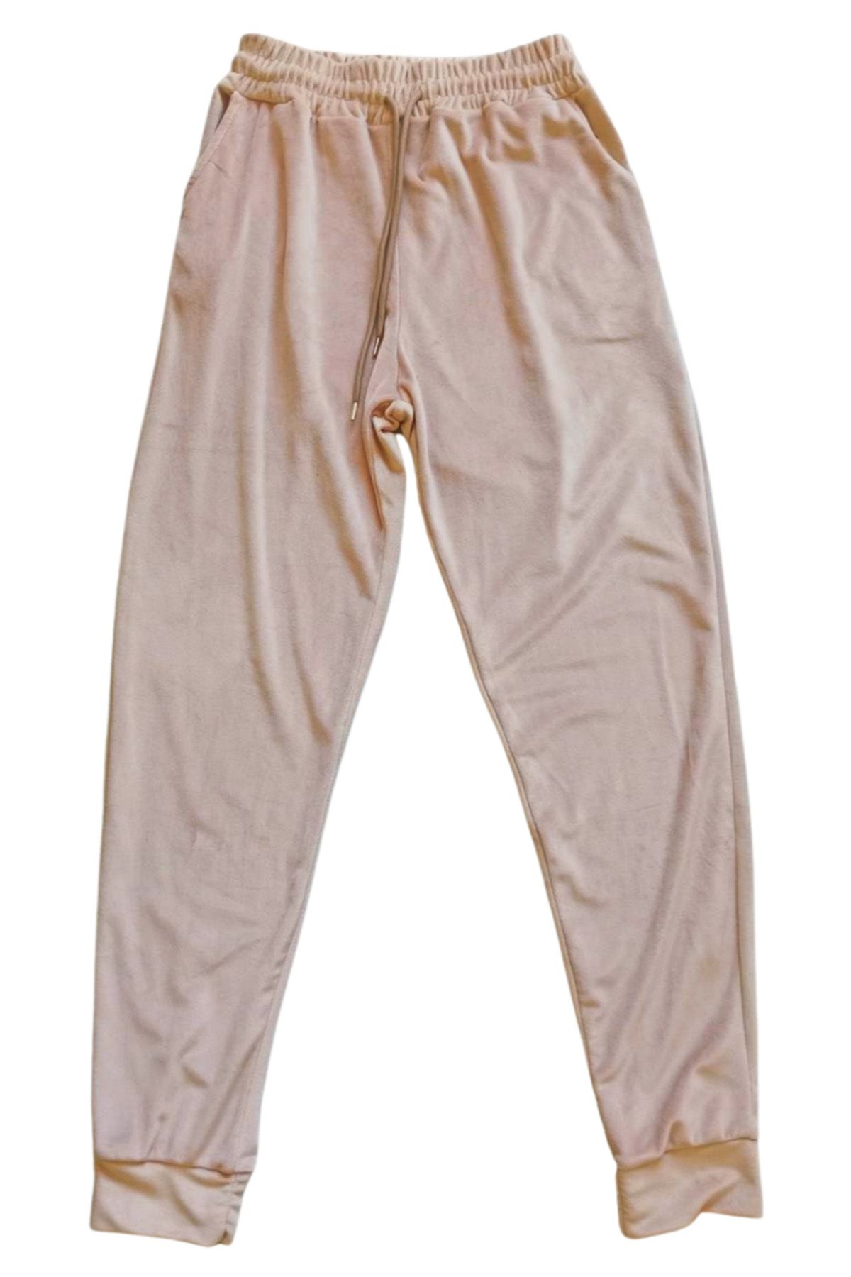 Shop58 Parlak Kadife Cepli Pantolon Eşofman Pijama Altı Unisex Lastikli Paça Bej