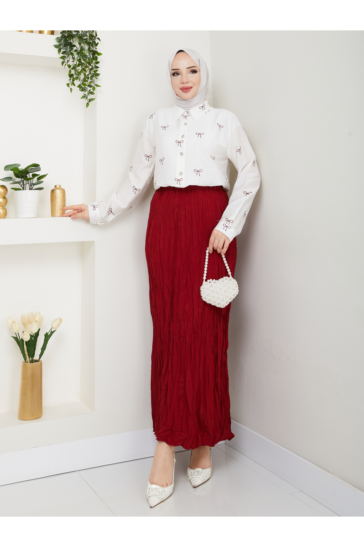 MODAMERSİ Women's Burgundy Modal Fabric Shirt Crash Skirt Double Set
