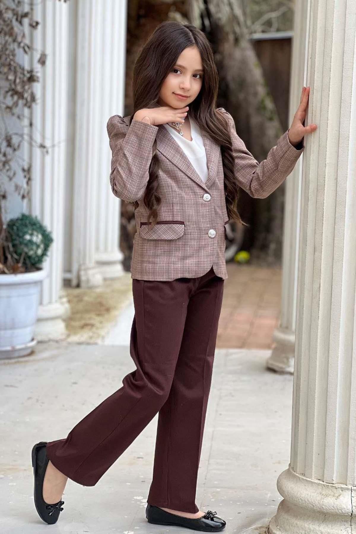 Riccotarz Kız Çocuk Yakası Açık Ve Taş Detaylı Bluz Ekose Çizgi Blazer Ceket Kemerli Kahverengi Alt Üst Takım