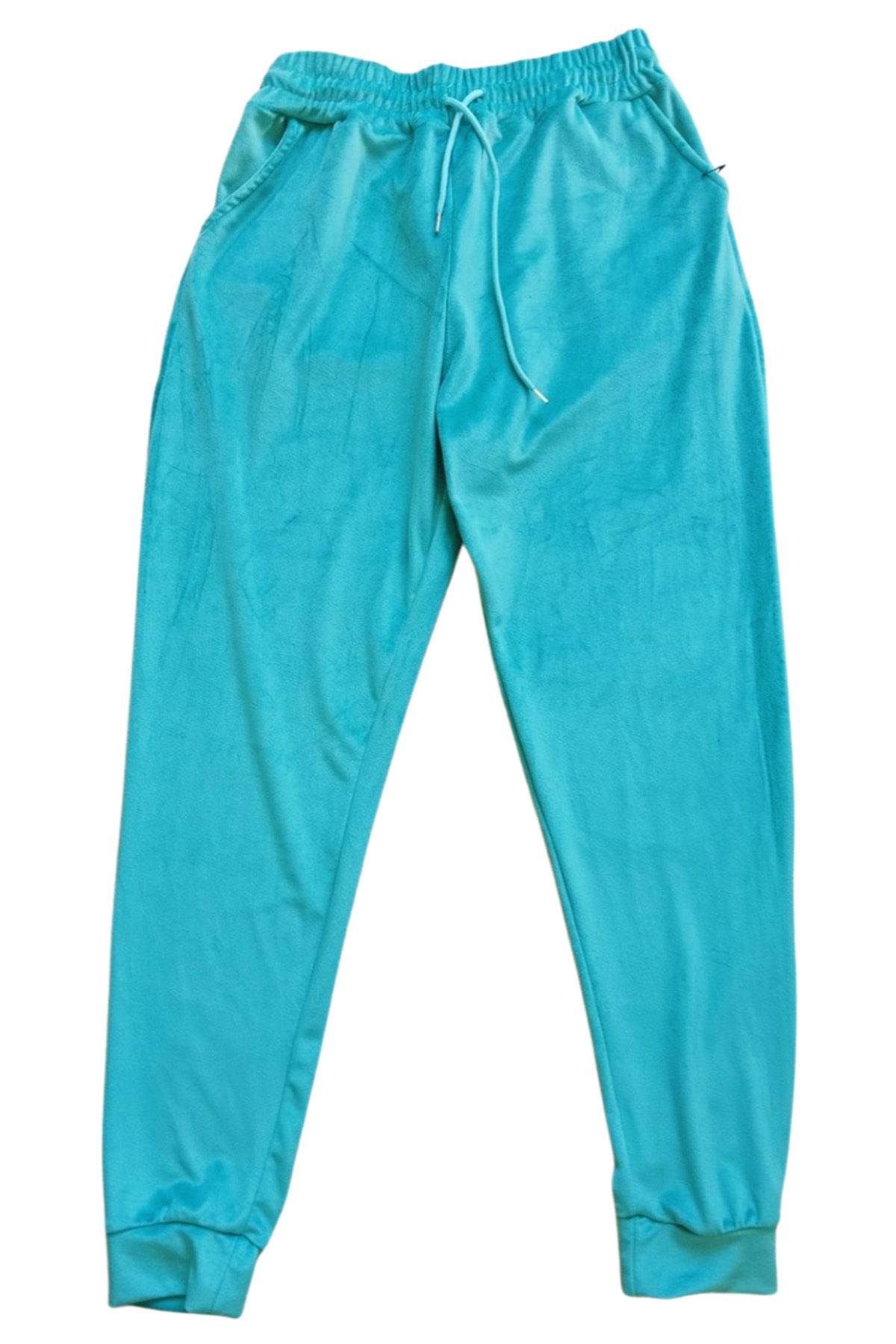 Shop58 Parlak Kadife Cepli Pantolon Eşofman Pijama Altı Büyük Beden Unisex Lastikli Paça Yeşil