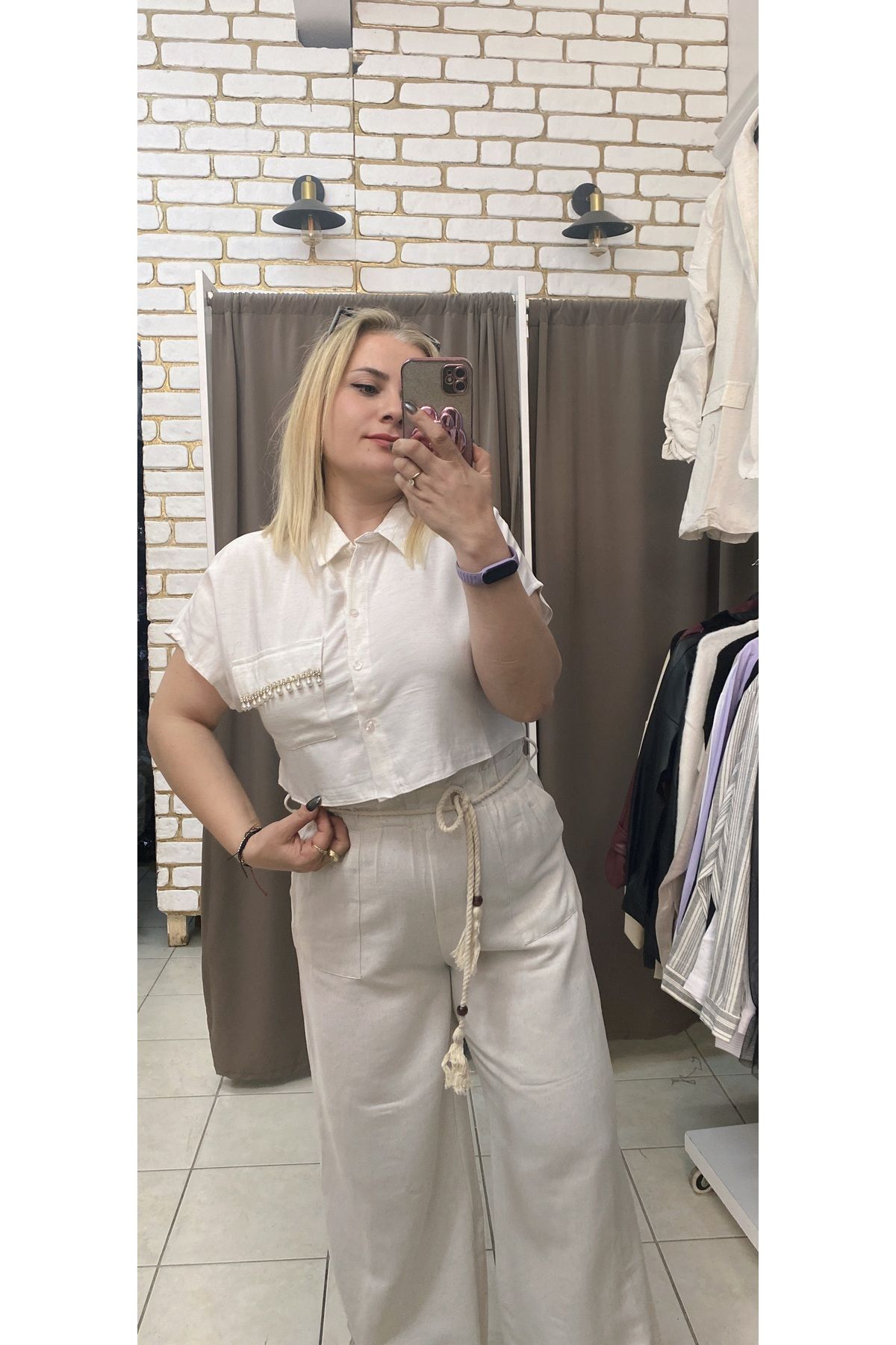 TUBA TOPTAŞ KETEN CROP TAŞLI GÖMLEK