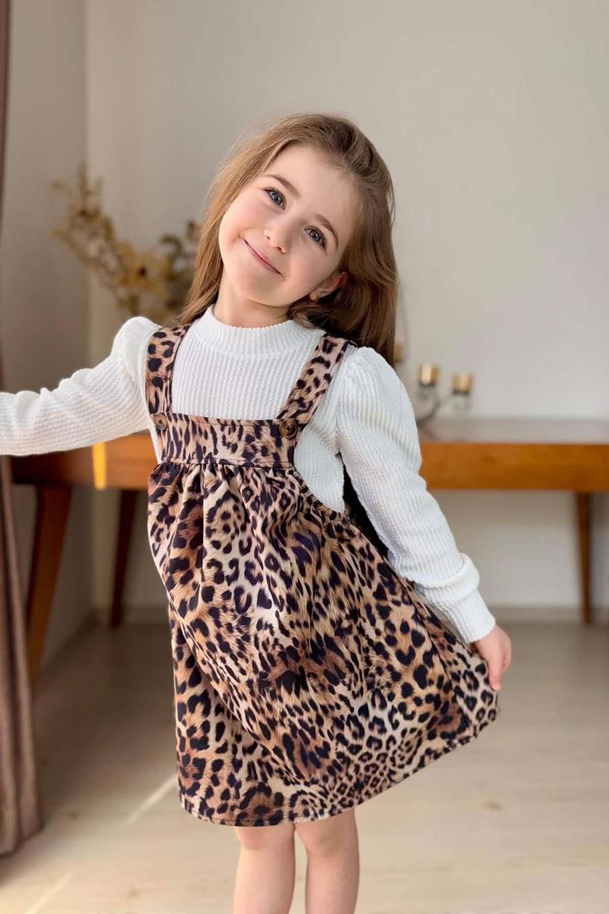 Riccotarz-Girl's Stand-Up Collar Corded Sweater Suspender Leopard Patterned Salopet Set 4